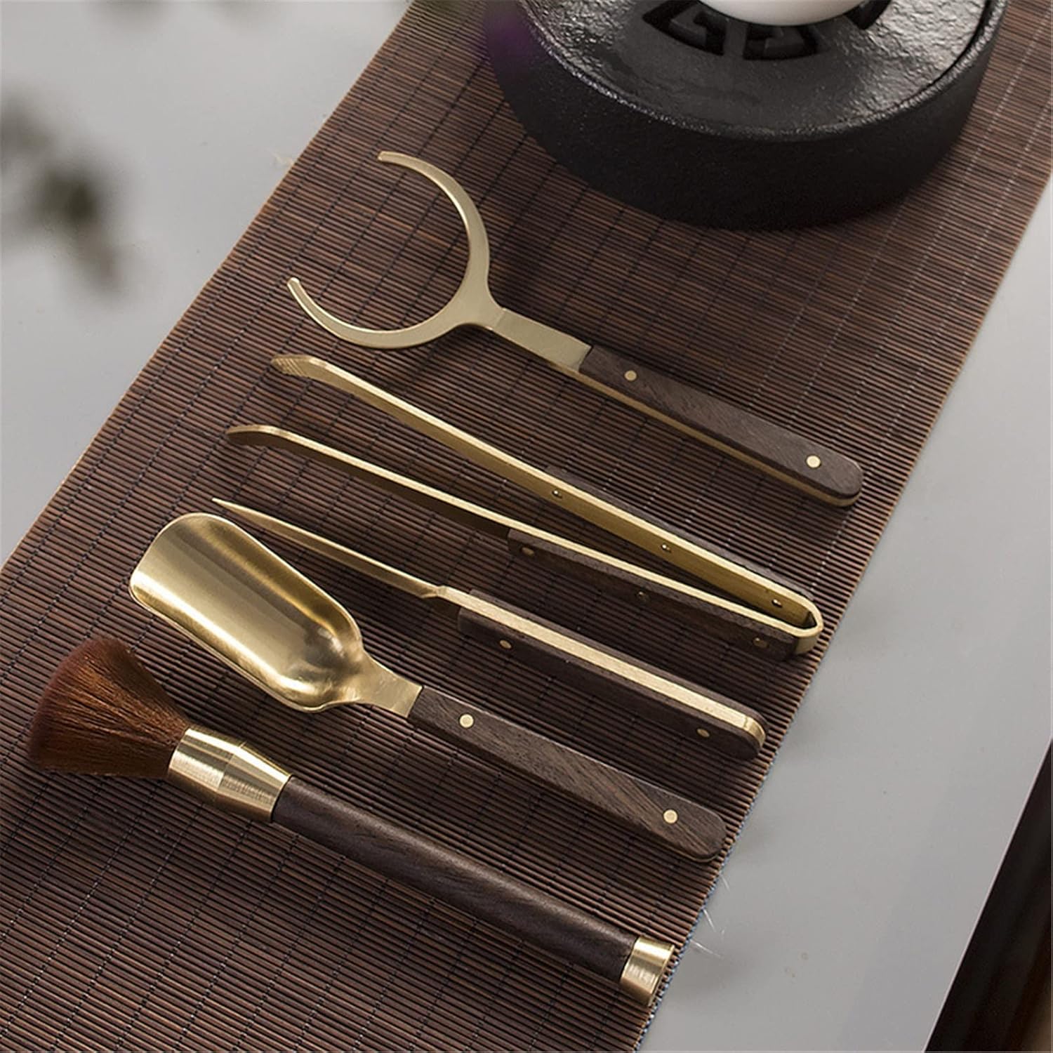 Chinese Tea Teaspoon,Shovel Spoons Ceremony Copper Solid Wood Spoon Vintage Loose Leaf Chooser Scoop Tool