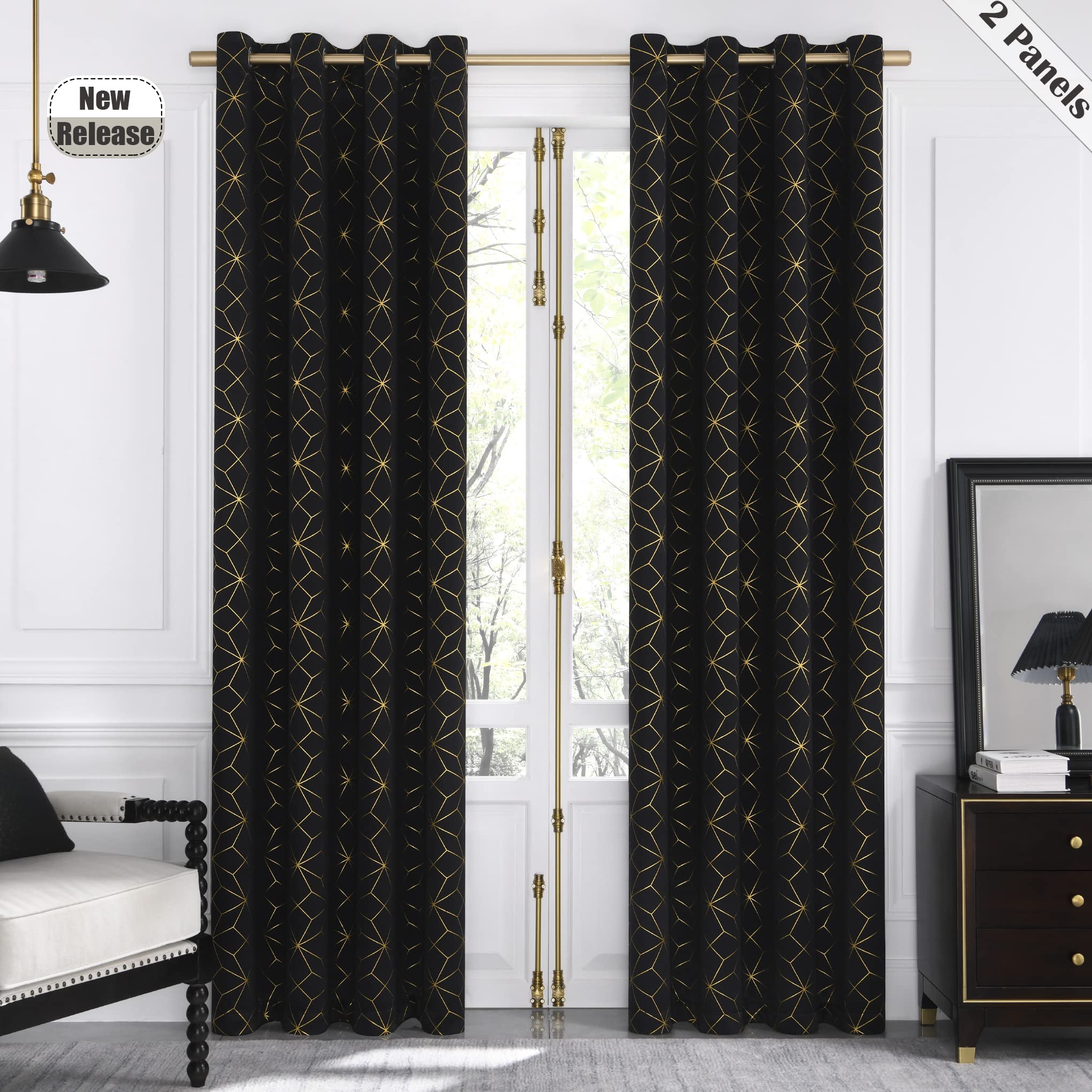 Beauoop Metallic GEO Blackout Window Curtain Panels Thermal Insulated Light Blocking Trellis Moroccan Drapes for Bedroom Living Room Diamond Grommet Window Treatment, Set of 2, 50" x 84", Black/Gold