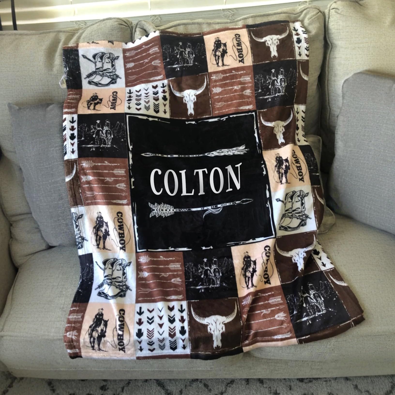 locobird Baby Western Blankets, Personalized Cowboy Baby Blankets for Boys, Brown Western Blanket for Baby Boy, Custom Baby Name Fleece Blanket for