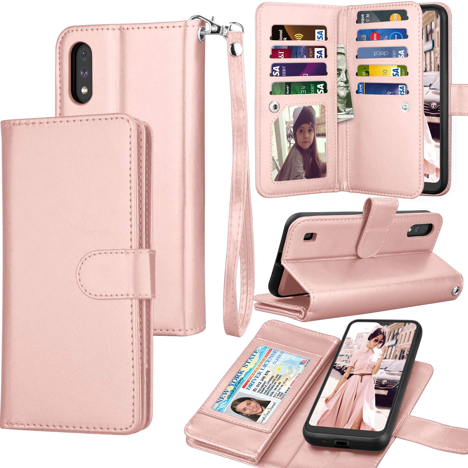Tekcoo Galaxy A01 Case, [US Version] Galaxy A01 Wallet Case, Luxury PU Leather Cash Credit Card Slots Holder Carrying Flip Cover [Detachable Magnetic Hard Case] Kickstand for Samsung A01 [Rose Gold]