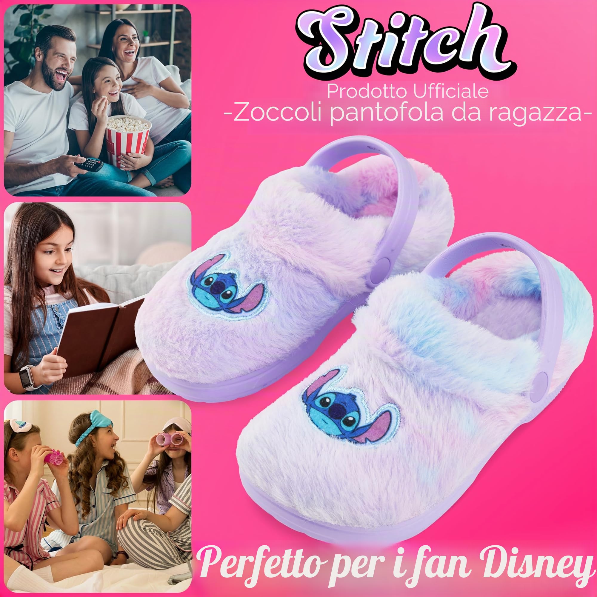 Disney Stitch Zoccoli Bambina EU 28-37, Pantofole Invernali Antiscivolo, Eva Suola Cinturino Regolabile, Regali per Lei