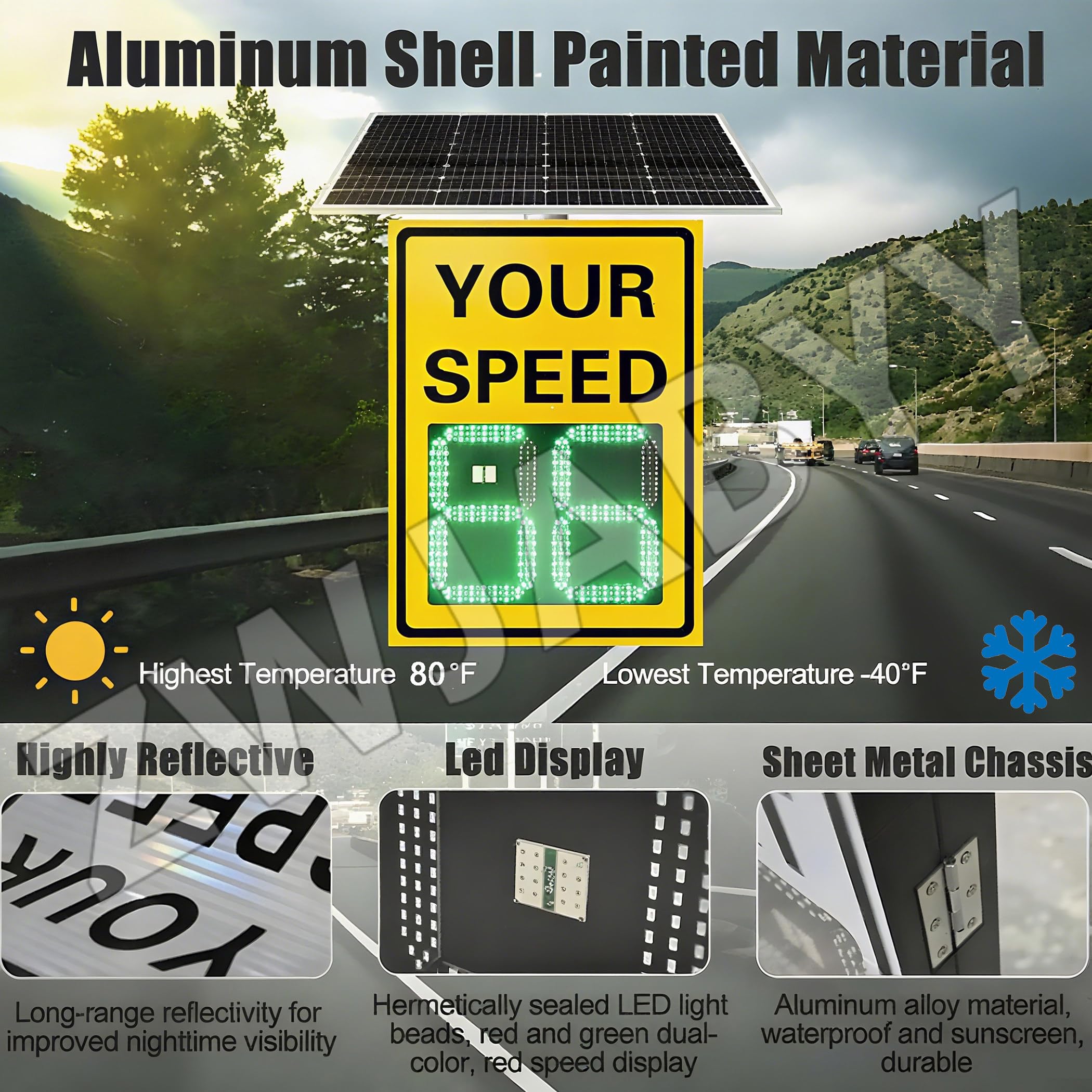 Señal de retroalimentación de radar alimentada por energía solar, pantalla LED digital para carreteras, parques industriales, señal de límite de velocidad de seguridad de tráfico