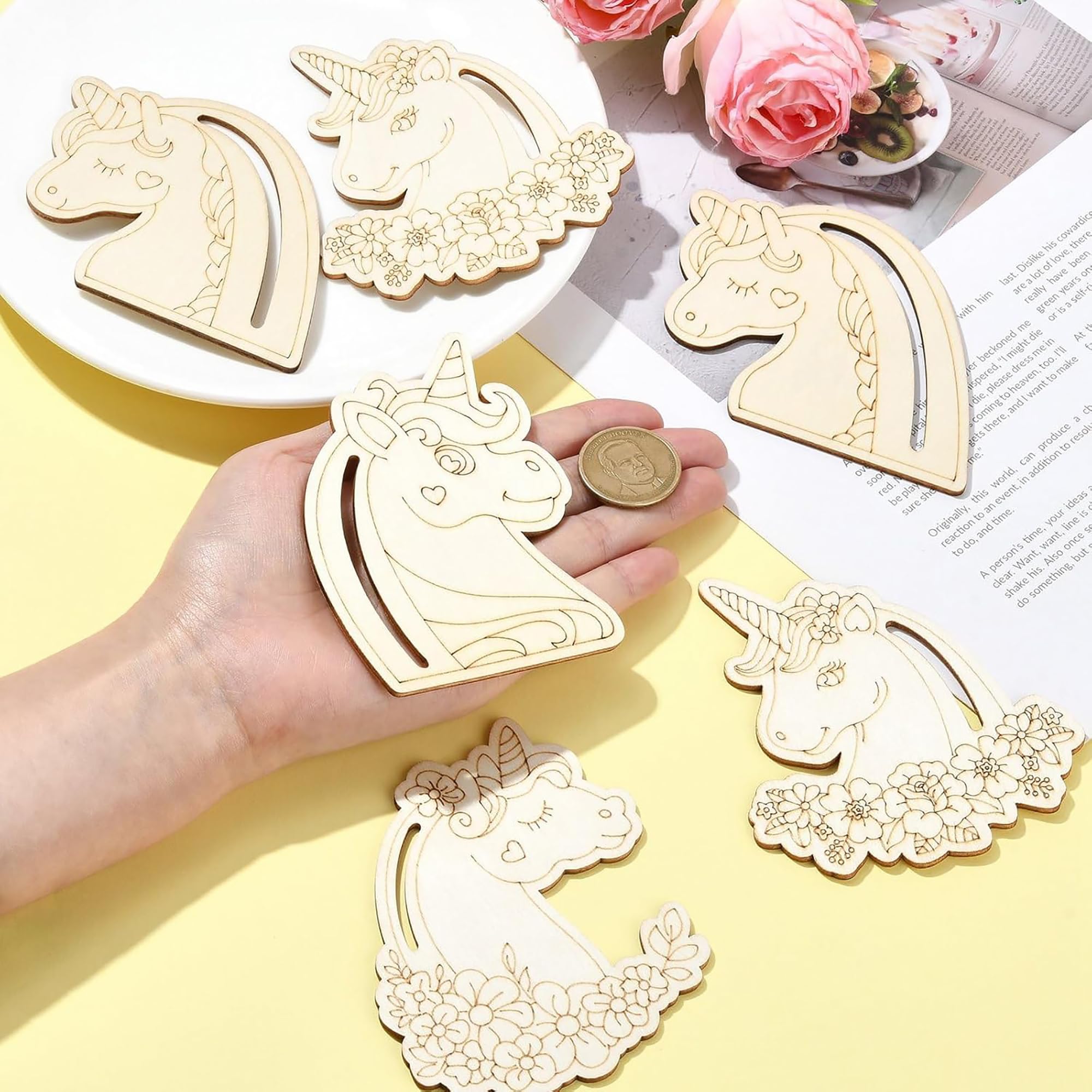 Cliths Pack of 20 Wooden Unicorn Head Cutouts Graffiti Flower, Heart, Animal Shapes for DIY Crafts Unfinished Wooden Blank for Home Decor, Card Making, Wreaths 2