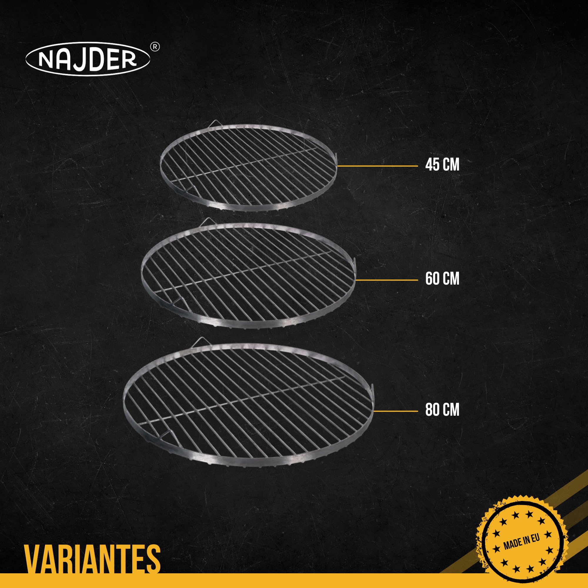 NAJDER Grille de Cuisson en Acier Inoxydable Ronde Ø800 mm pour Barbecue Pivotant avec Suspension par Câble, Grille de Cuisson Ronde avec 3 Trous de Suspension, BBQ Grillade - Solo