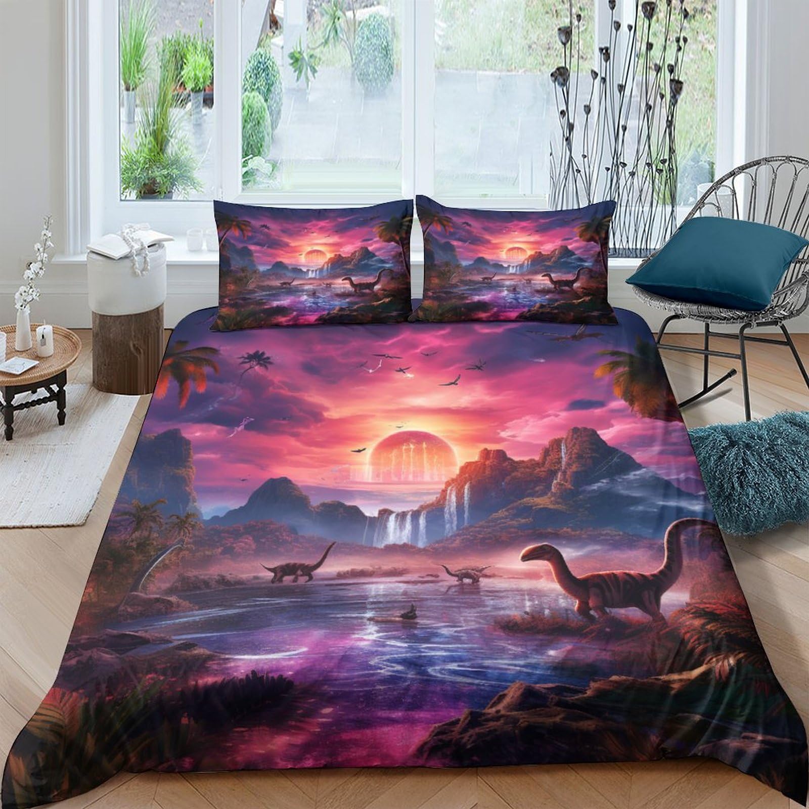 Aaharya Boys Dinosaur World Bedding Set Girls 3D Printed Jurassic Duvet Cover Sets Kids,Hidden Zipper,Bed Cover,With Pillowcase Quilt Cover Double（200X200cm）