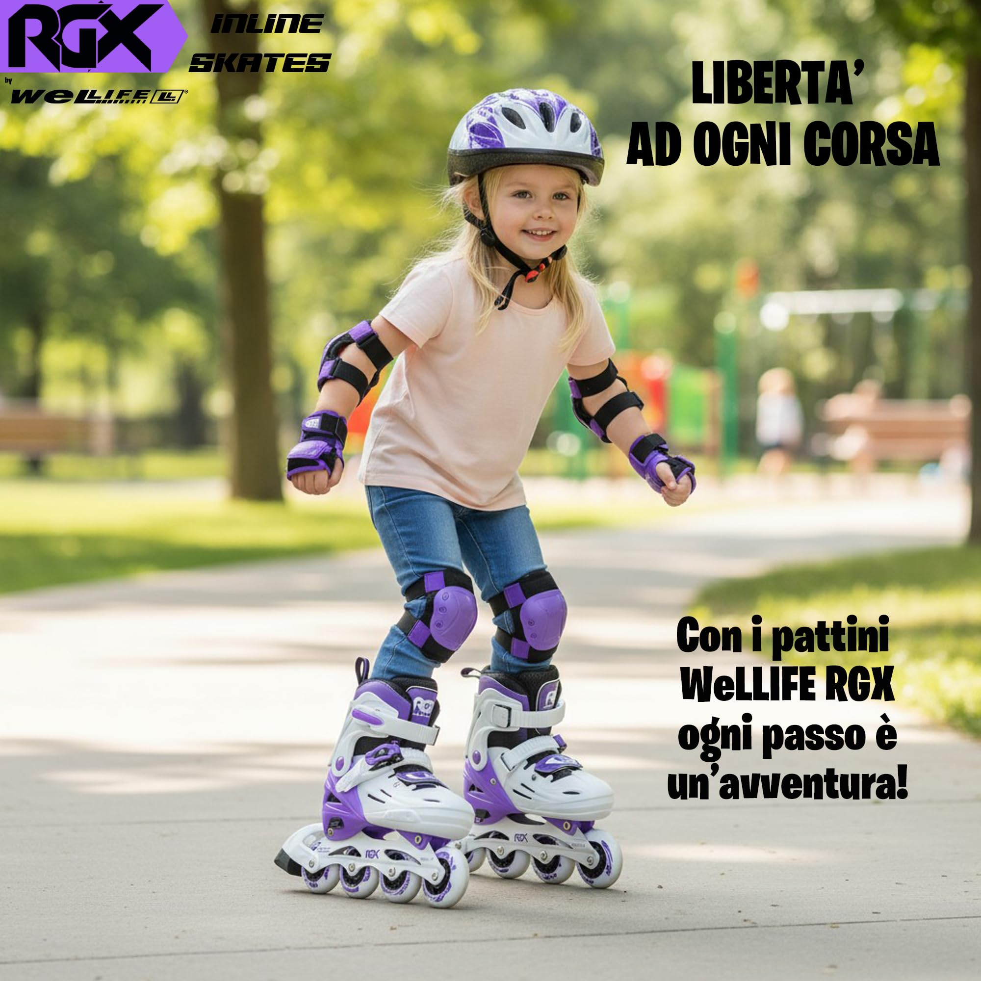 WeLLIFE RGX Line Pattini in Linea Bambina e Bambino Regolabili 4 Misure, Doppia Configurazione Ruote, Guscio Rigido, Piastra Alluminio, Cuscinetti ABEC-7