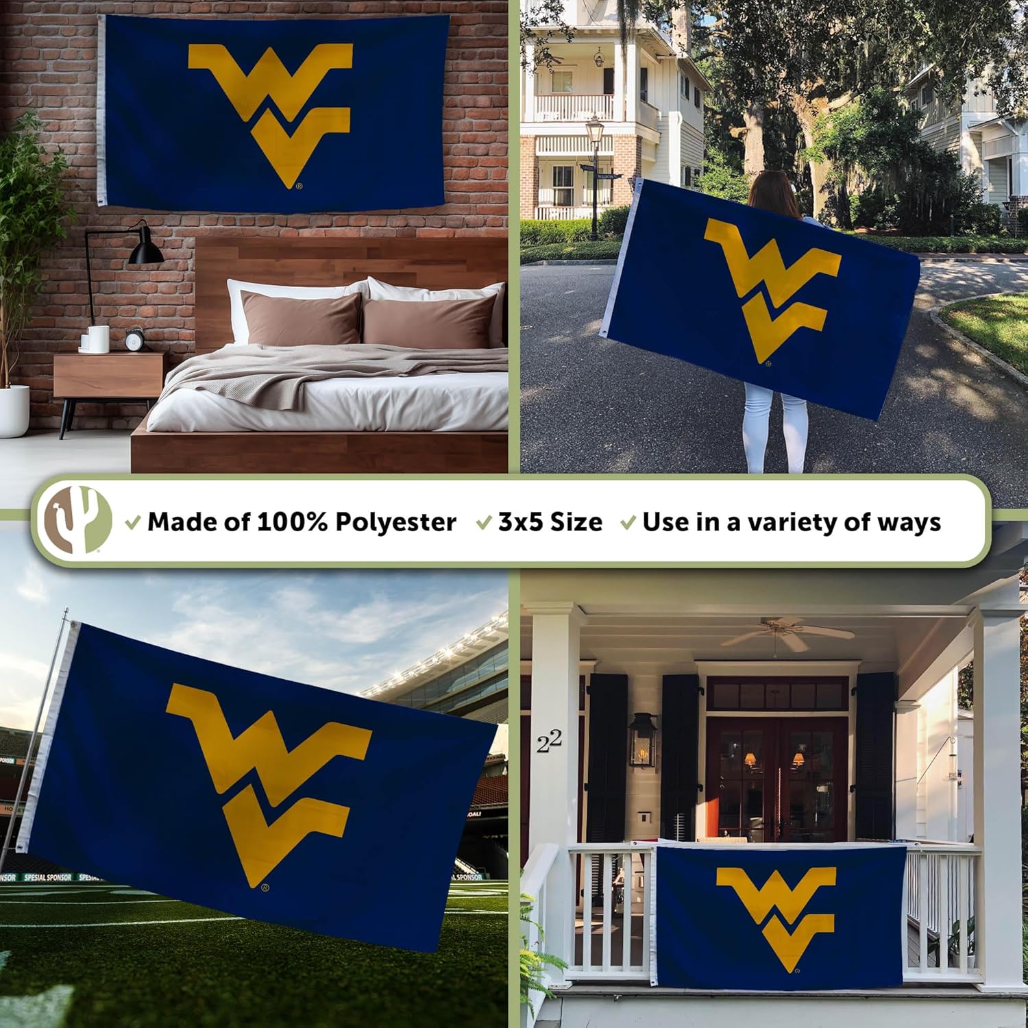 Desert Cactus West Virginia University WVU Flag - 3 x 5 Feet Mountaineers Banner, Indoor/Outdoor Durable Fabric, 100% Polyester Design (Style 1) - Image 3