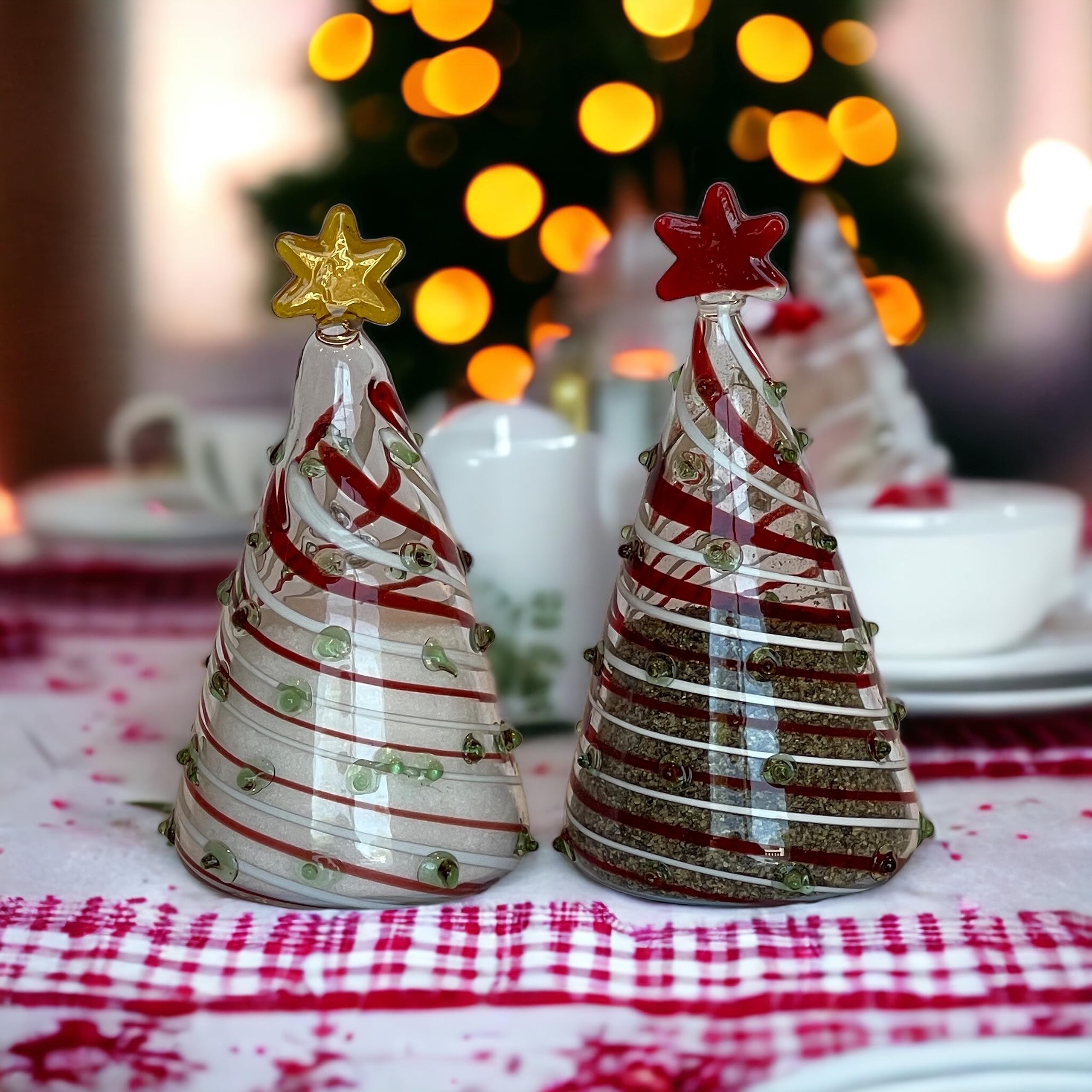 Gift Essentials Salero y pimentero de cristal soplado para árboles de Navidad, mini salero y pimentero de cristal soplado a mano, juego de salero y pimentero de Navidad transparente