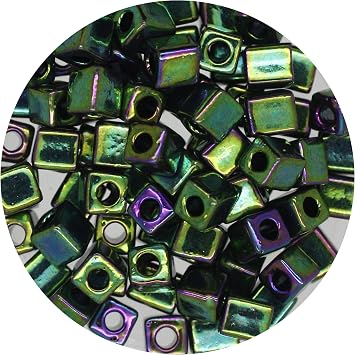 Glass Cube Beads 4mm Green Metallic Rainbow Iris Made in Japan
