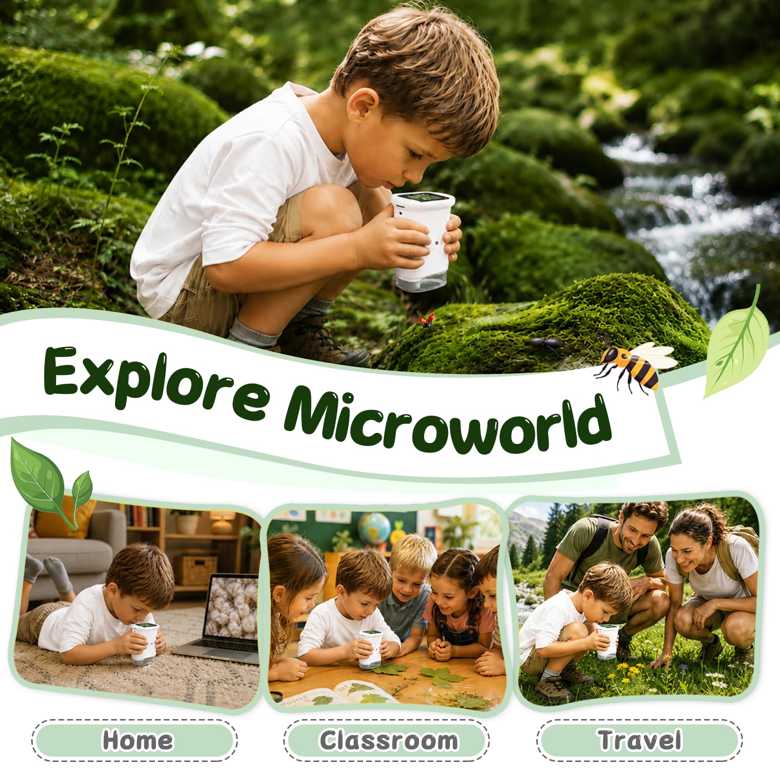 Microscope Enfant Portable 1000X – Microscope Numérique avec Écran IPS 2 Pouces et 8 LED, Fonction Photo & Vidéo, Jouet Scientifique Cadeau pour Garçons et Filles (Blanc)