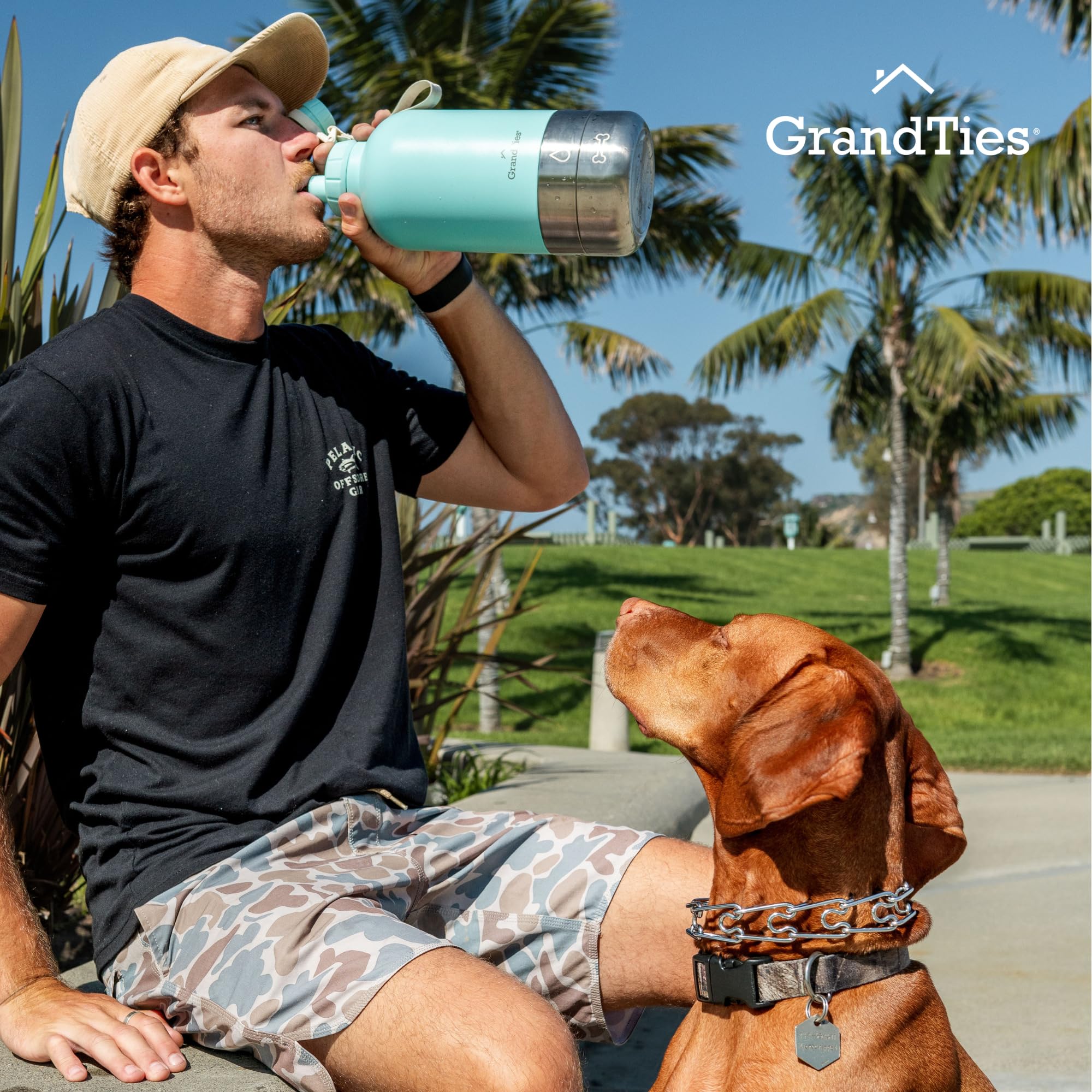 GrandTies Borraccia portatile isolata per cani con 2 dispenser per l'acqua staccabili, a prova di perdite, accessorio per cani per passeggiate, escursionismo, campeggio (907,2 g, verde polvere)