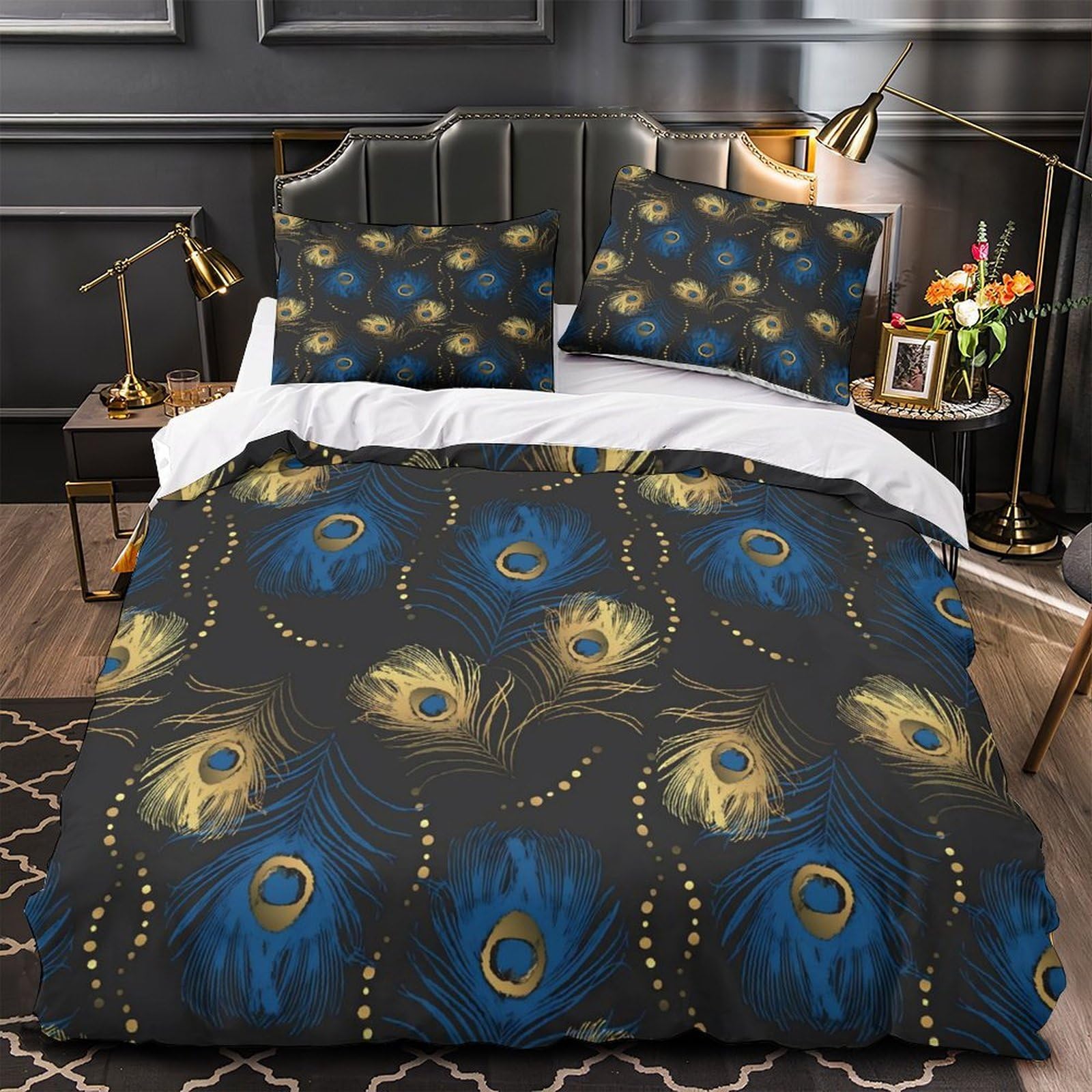 Housse de Couette Plumes de Paon 3D 140x200cm pour Lit Simple Ado
