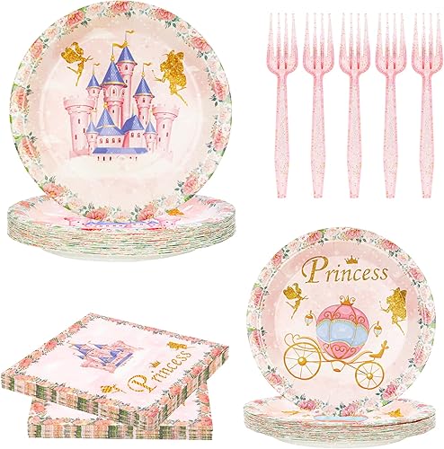 Juego de vajilla de 120 piezas para fiesta de princesa, servilletas, tenedores, suministros de fiesta, decoraciones de fiesta de castillo de