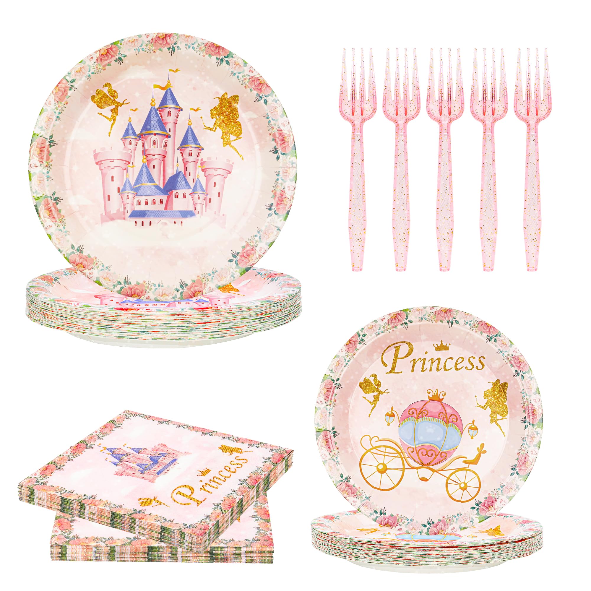 120 Pcs Princess Party Tableware Set Plates, Napkins,Forks Party Supplies, Princess Castle Party Decorations, Favors for Girls Birthday, Baby Shower,Serves 30