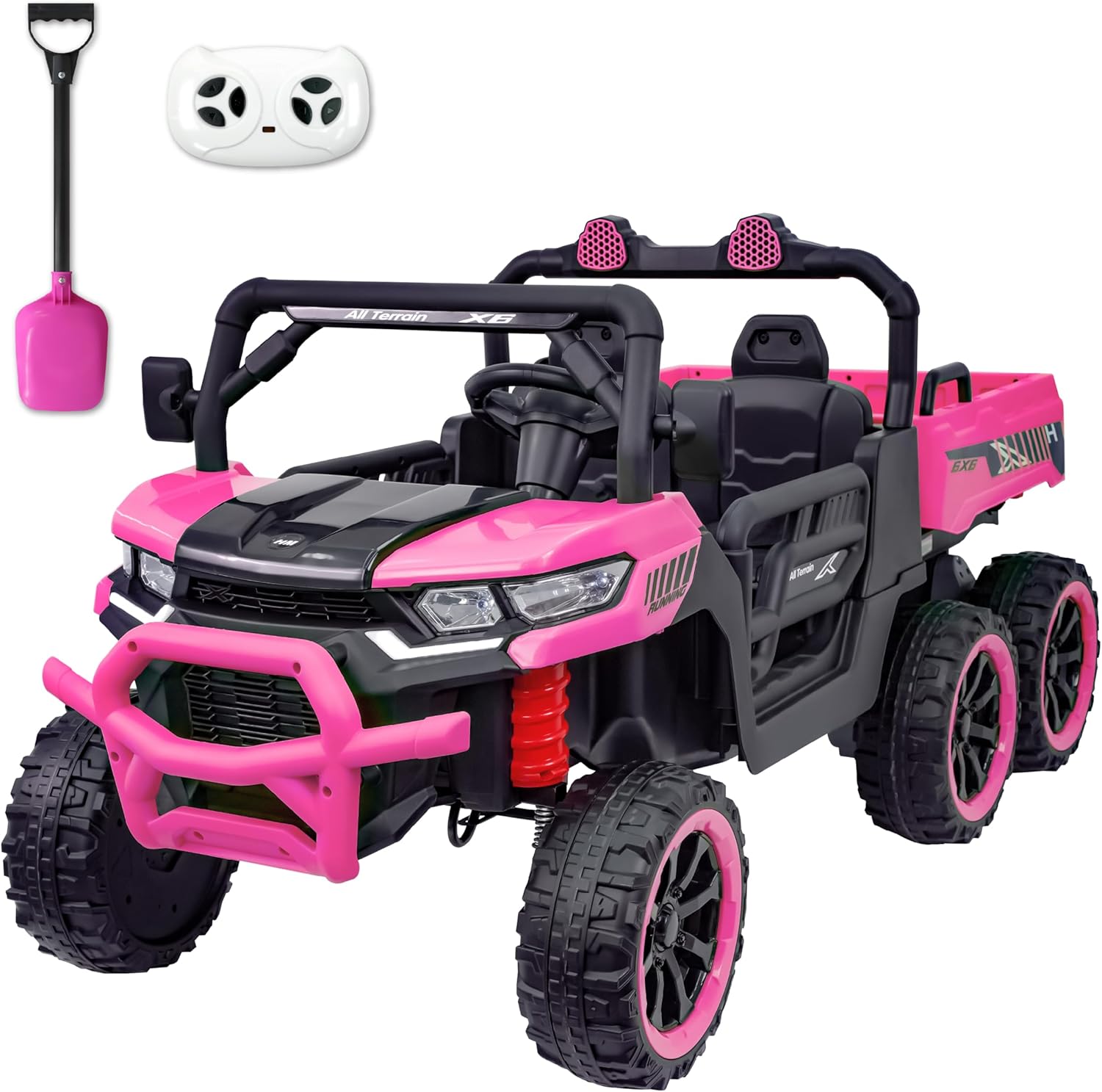 24V 2 Seater Ride On Dump Truck with Electric Dump Bed, Remote Control, 2 Speed 4WD 6×6 Wheels Storage Trunk for Kids, Pink