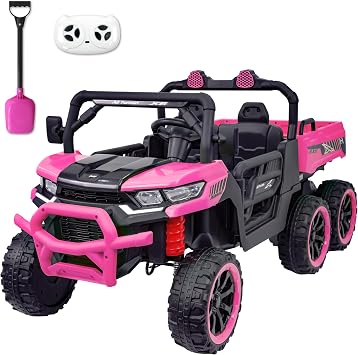 TCARAIWEN 24V Ride On 2 Seater Dump Truck with Remote Control, 6x6 Electric UTV Car with Electric Dump Bed, 2 Speed 4WD Power Ride Cars 6x6 Wheels Music, Storage Trunk, Shovel for Boys Girls, Pink