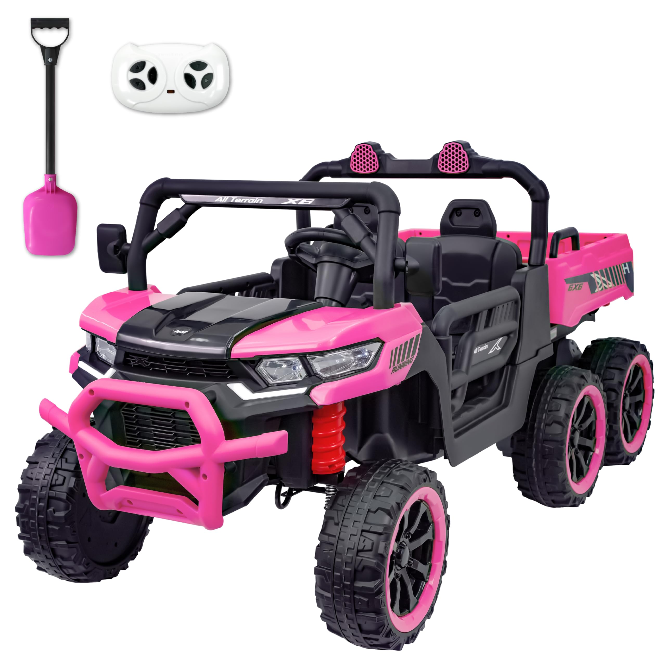 24V 2 Seater Ride On Dump Truck with Remote Control, Electric UTV with Electric Dump Bed, 2 Speed 4WD Power Ride Cars 6x6 Wheels Storage Trunk for Boys Girls, Pink