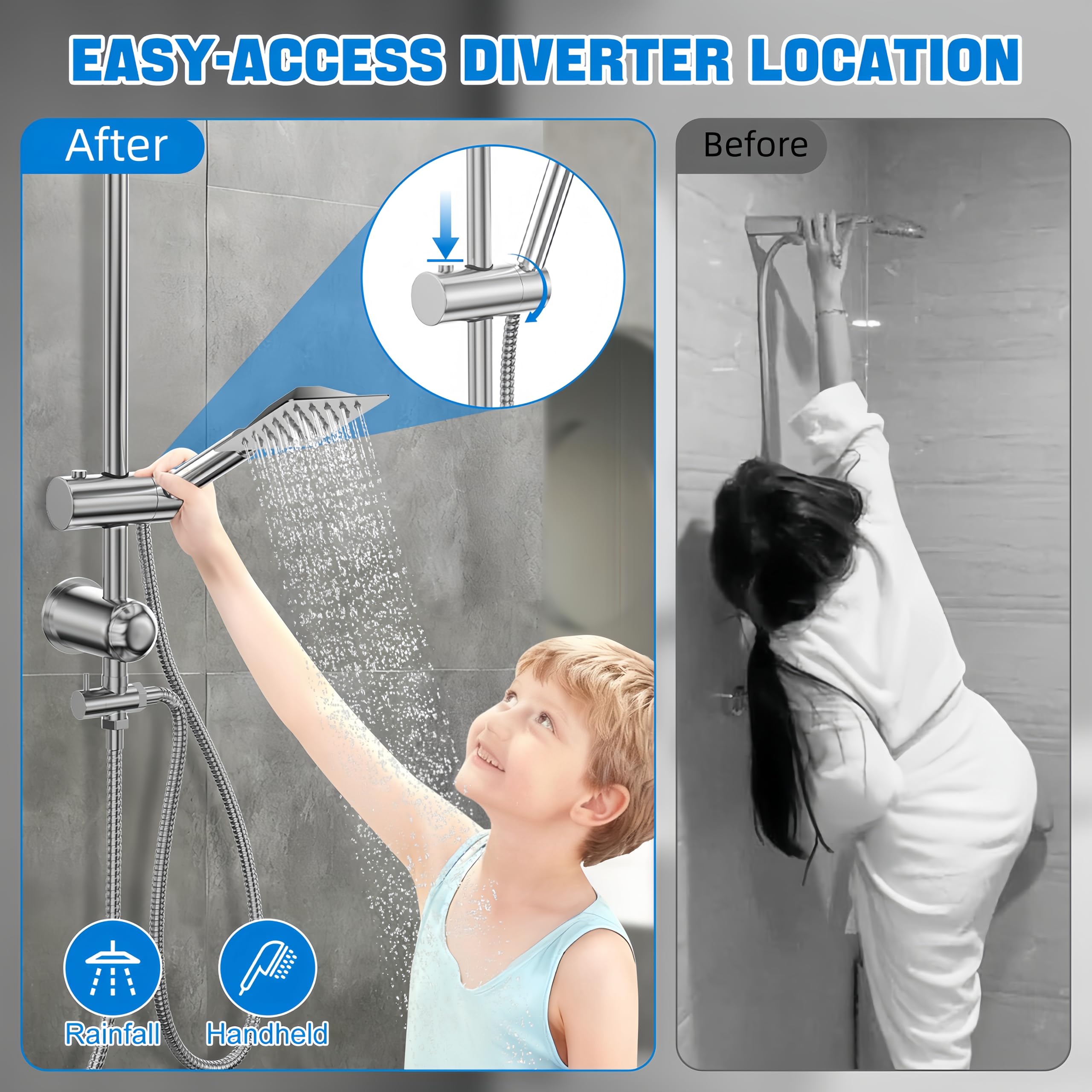 Columna Ducha Completa sin Mezclador, Duchas de Baño Columna en Acero Inoxidable, Cromado con Cabezal de Lluvia 30x30 cm y Soporte Ajustable