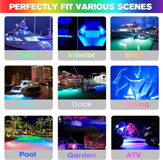 HUSUKU GT1 Underwater Boat LED Lights Marine Color Light Kit, 6.7 2000LM RGB IP68 36LED 12V~24V 316 316 Stainless, Wireless Grouping & Control Auto Sync, Multi Color Light for Yacht Boat Deck Pontoon
