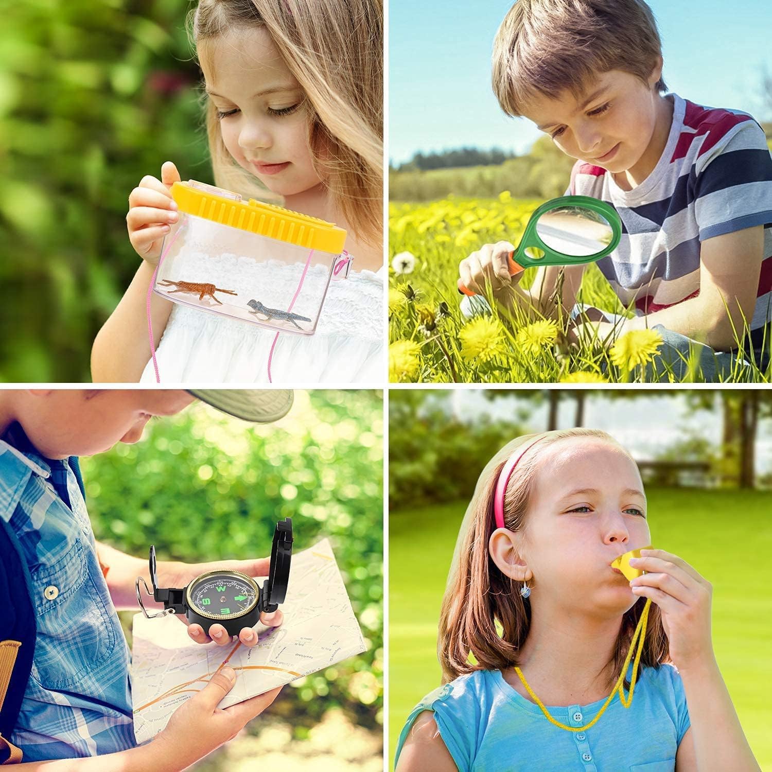 Kizplays Set Explorer Outdoor Giocattoli, Binocolo per Bambini Set Esploratore Avventuriero per Bambini 22 Pezzi con Pinzette Acchiappasetti Bussola Lente d'ingrandimento