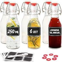 Praknu 6 Glass Bottles with Swing Stoppers 250ml - Airtight Lid - including 12 Labels with Pen - Dishwasher Safe