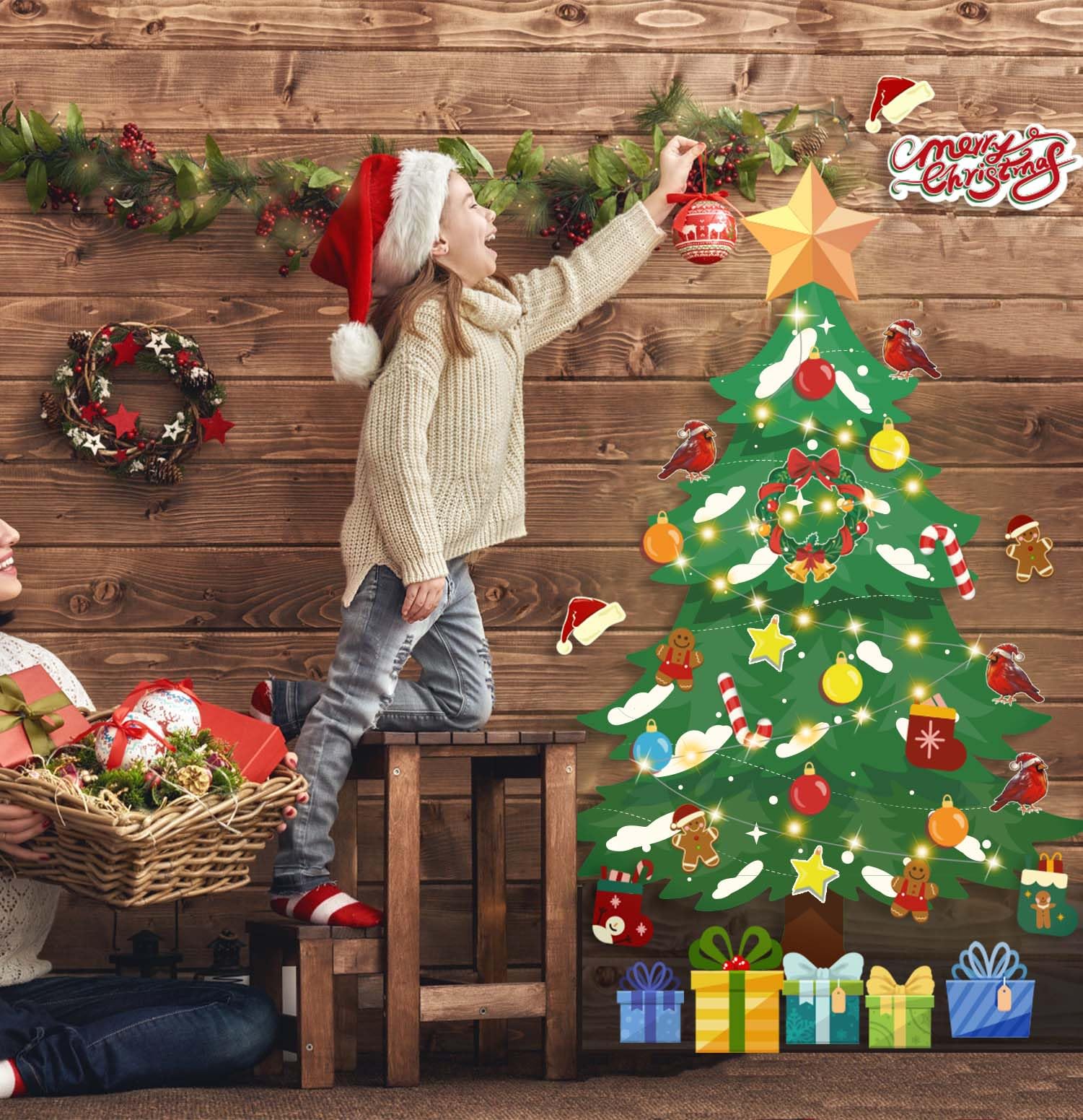  Paper Christmas Tree with Fairy Lights - Cardboard Christmas Tree Bulletin Board Decorations for Classroom Home Office Window Chalkboard