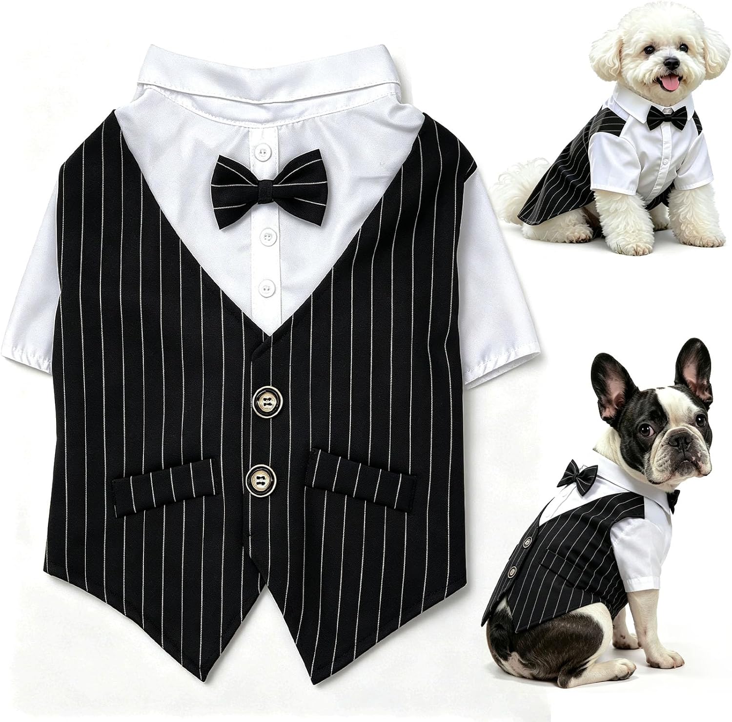Striped Dog Tuxedo,Formal Wedding Suit with Bow Tie,Costume for Small Dogs | Cool Stylish Prince Shirt, Pet Wedding Dress Outfits,Black Gentleman Graduation Clothes for Small Medium Dogs Cats Boys