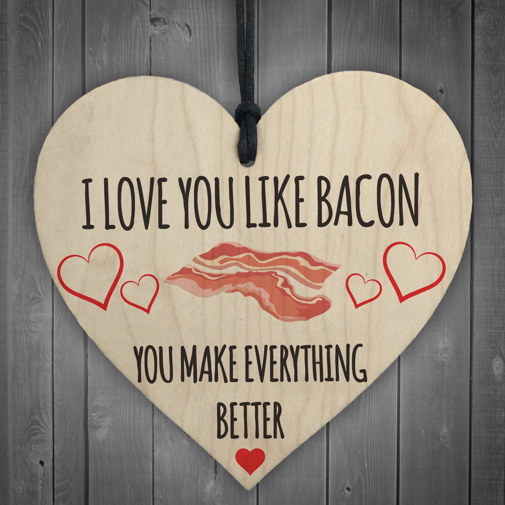 Red Ocean I Love You Like Bacon Novelty Wooden Hanging Heart Plaque Funny Kitchen Sign