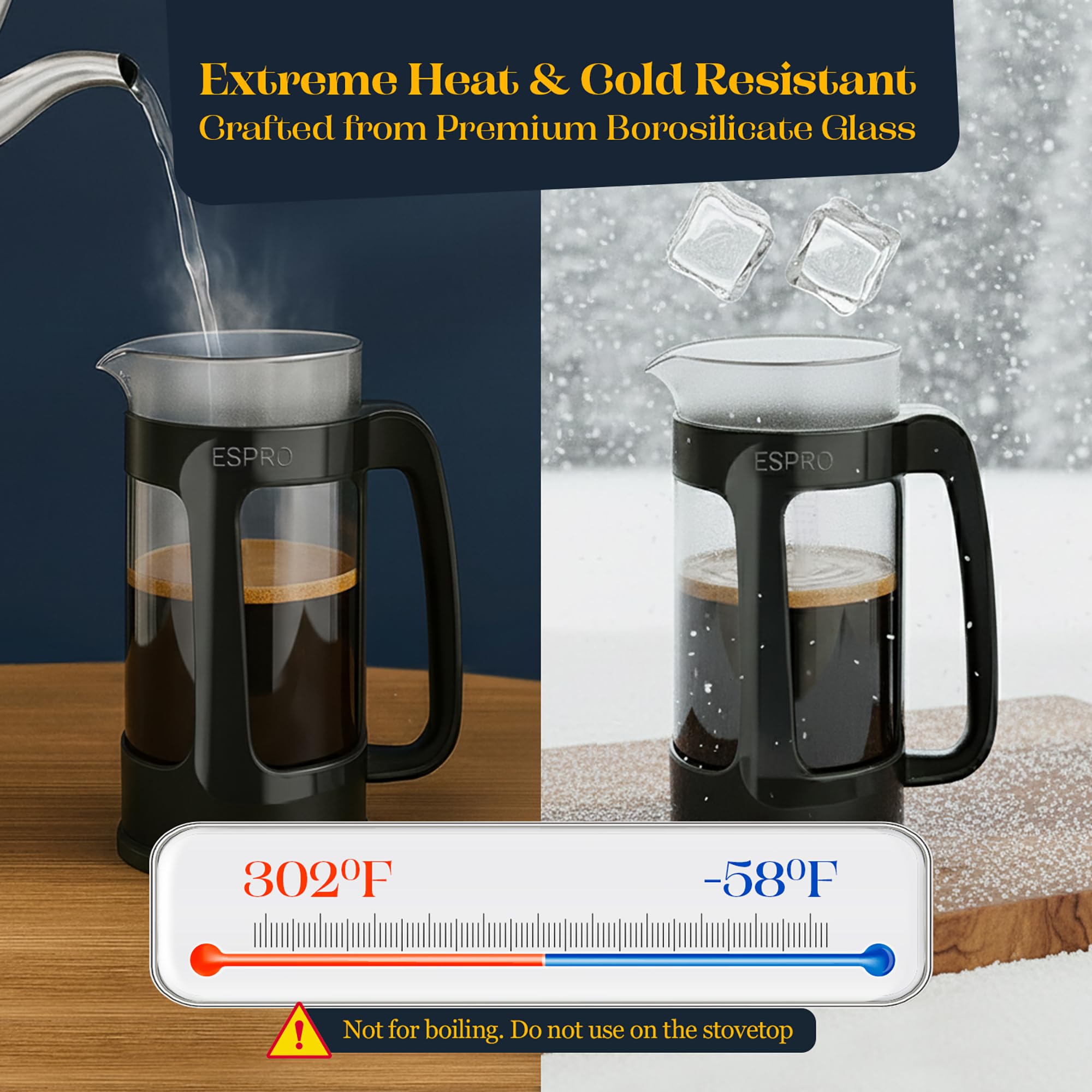 ESPRO P3 Cafetera de Embolo de Cristal, 530 ml, Negro | Cristal de borosilicato, doble microfiltro patentado, cafe sin posos, apta lavavajillas