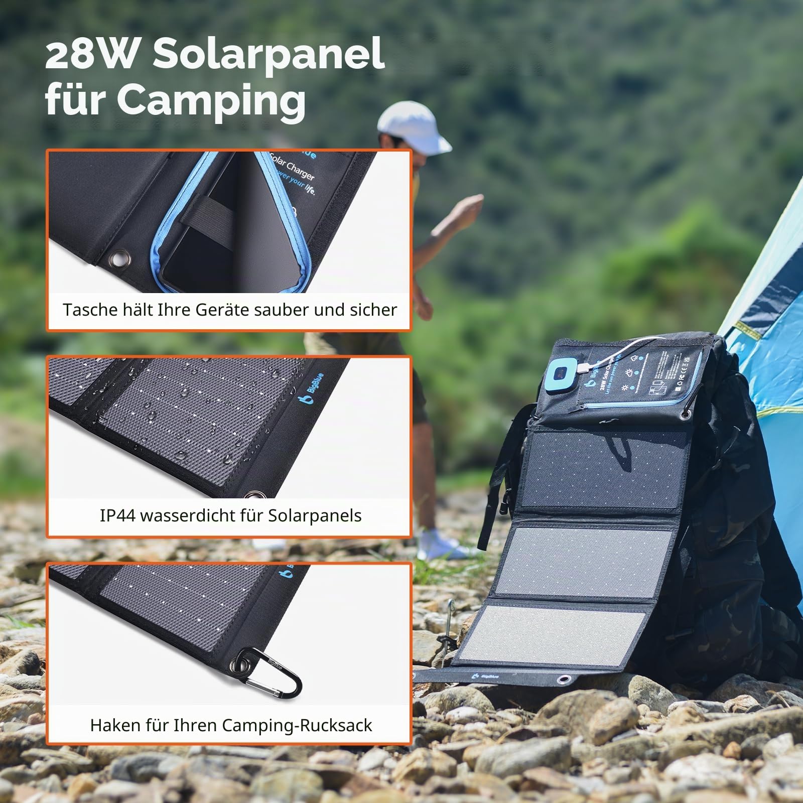 BigBlue 28W Tragbares Solar-Ladegerät mit 2 Ports (USB-C/USB-A), 5V/4A Gesamtausgang, IP44 Solarpanel mit Digital Amperemeter und Reißverschluss-Schutz für Geräte wie iPhone, Android, GoPro und mehr