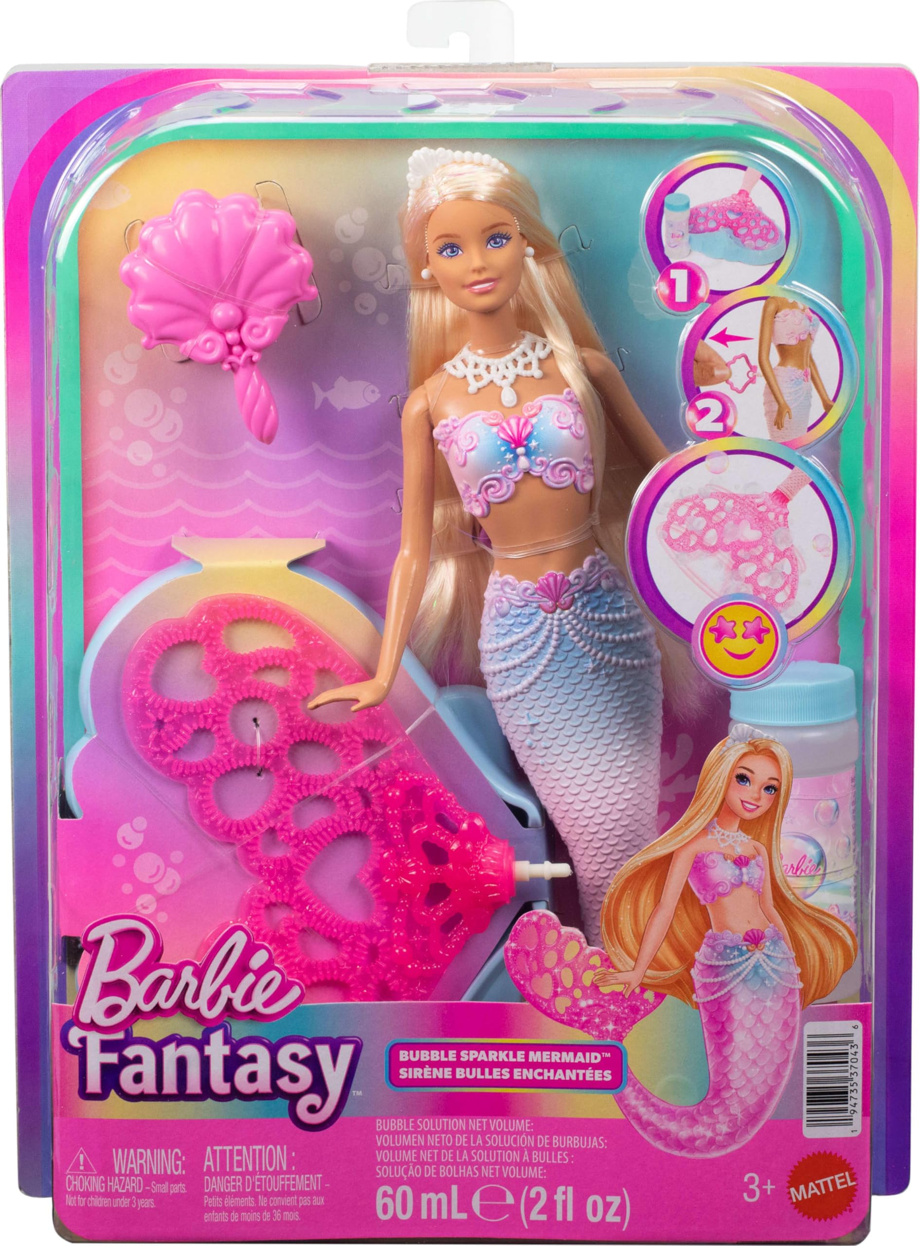 Barbie Sirène Scintillante à Bulles Poupée à Longue Chevelure Blonde aux mèches colorées avec Fonction pour Faire des Bulles, Plateau et Brosse à Cheveux, JLW56