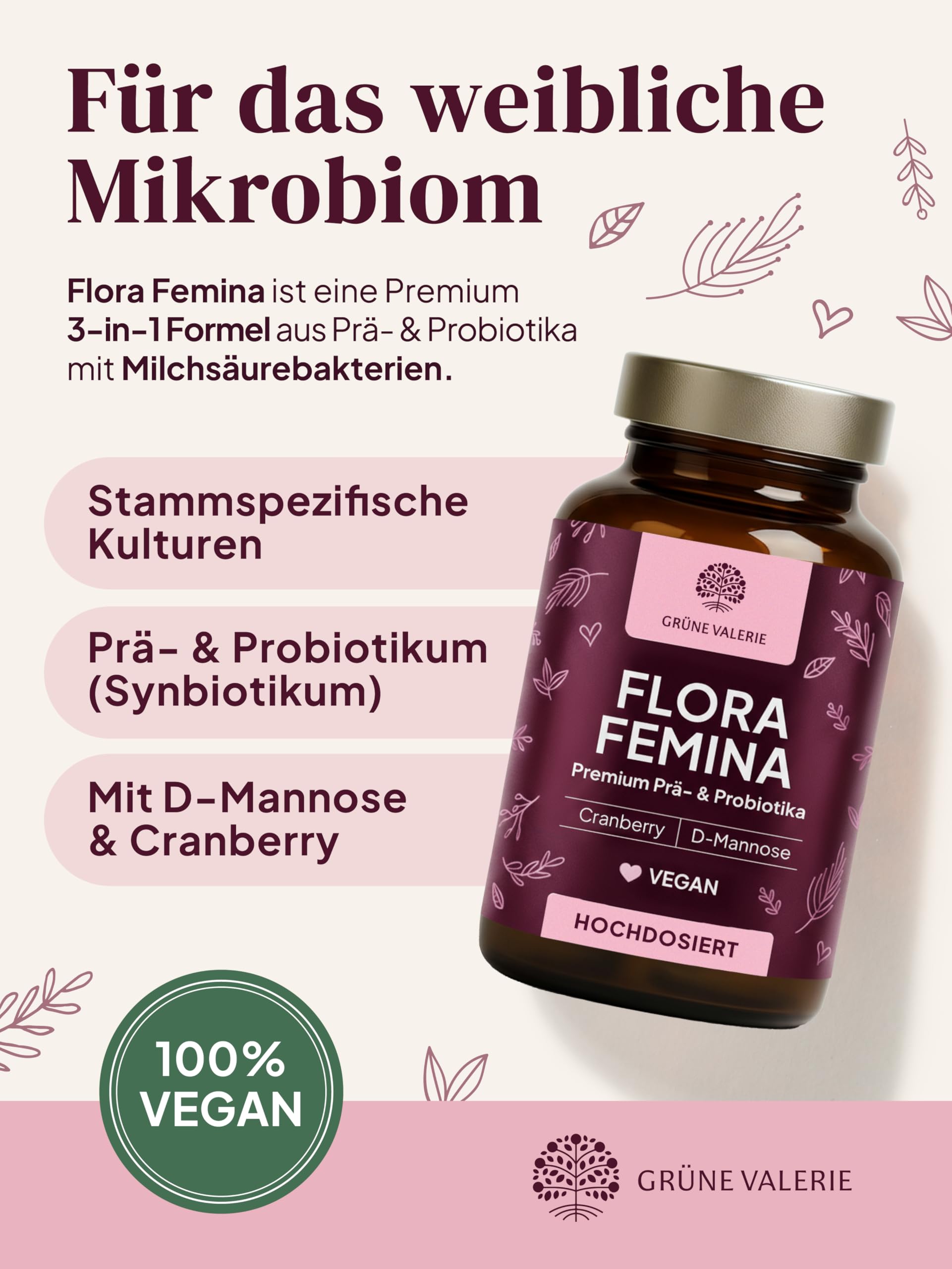 Grüne Valerie ® Intimflora 150 Mrd. KBE Milchsäurebakterien [HOCHDOSIERT 30 Portionen] – Prä- & Probiotika für Frauen mit D-Mannose & Cranberry – ausgewählte Stämme unterstützen Scheidenflora & Blase