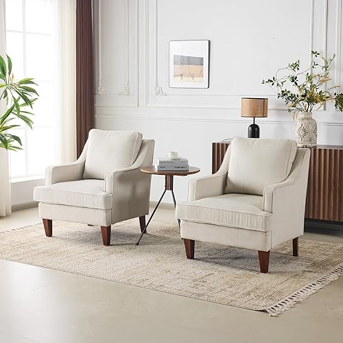 Miniatura 9 de VINGLI Mid-Century Modern Accent Chairs Set of 2, Beige Upholstered Armchair Comfy Sofa Chairs Reading Chair High Back for Living Room Bedroom