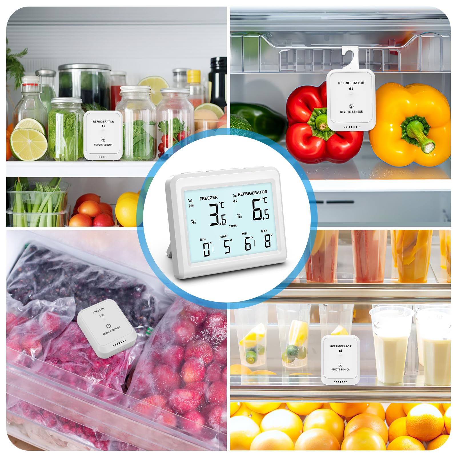 Brifit Thermomètre Frigo, Thermometre Congelateur avec 2 Capteurs, Thermometre Réfrigérateur avec Fonction Alarme et MIN/MAX, ℃/℉, Thermomètre Connecté Alarme Congélateur pour Cuisine, Maison, Bars