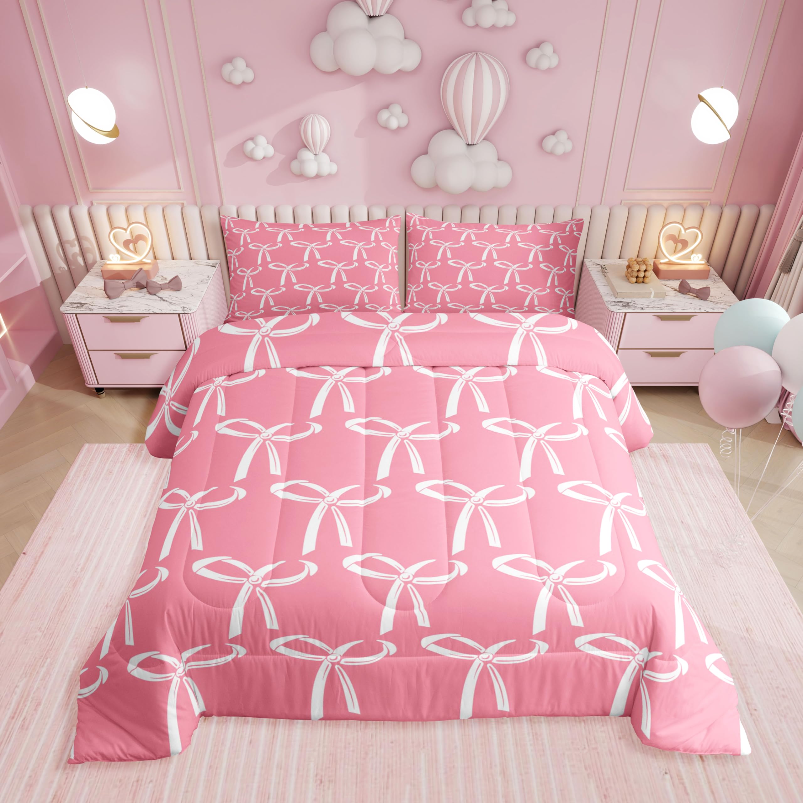 Erosebridal Pink and White Bow Queen Bedding Set for Girls Women,Cute Pink Bows Comforter Set Bedroom Decor,Princess Dreamy Bowknot Bed Set Kawaii Bow Tie Bedding Comforter Sets,2 Pillowcases