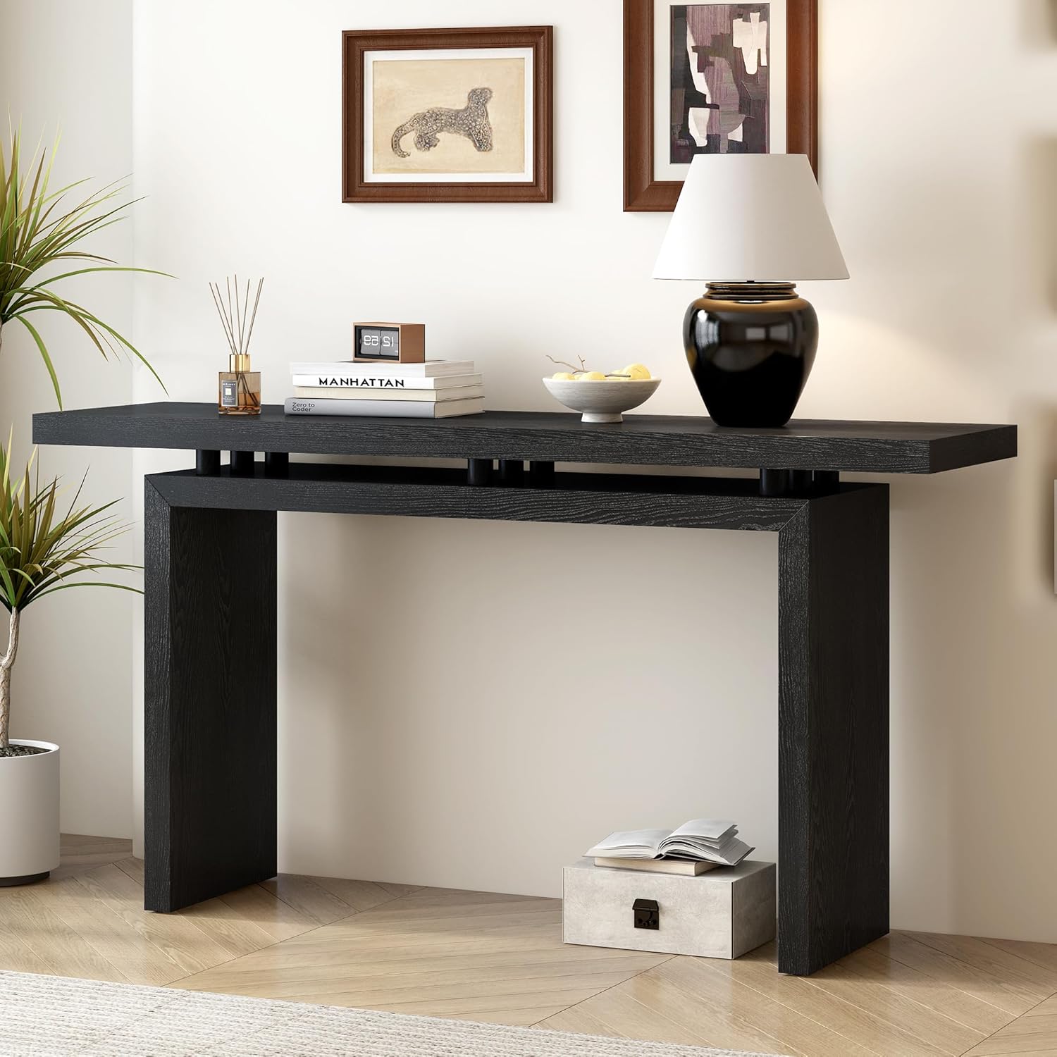 Merax Ash Veneer Console Table Uniquely Designed Black Wooden Entryway Table for Hallway Living Room Foyer