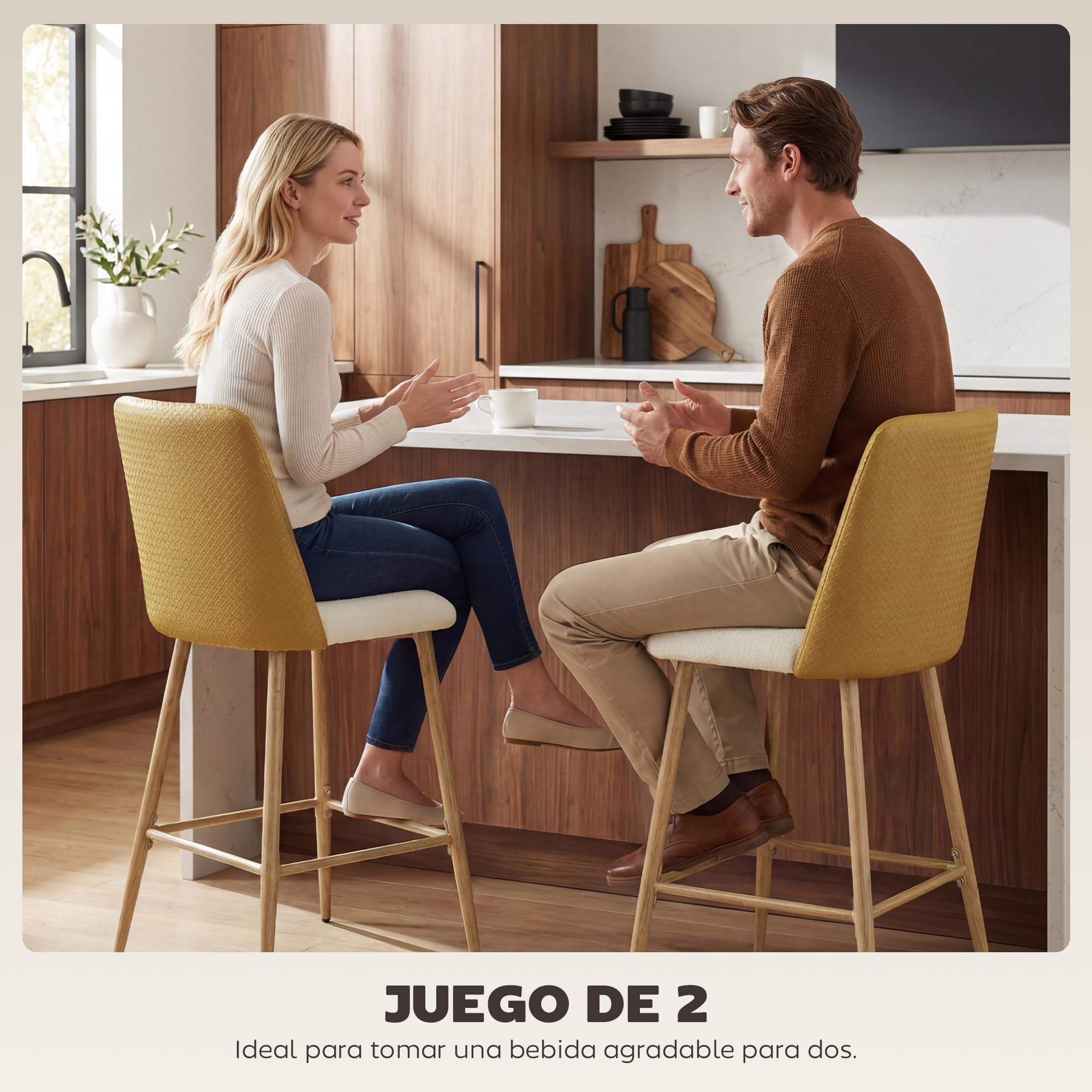 HOMCOM Juego de 2 Taburetes de Bar con Respaldo, Reposapiés Marrón | Taburetes Altos de Cocina, Respaldo Efecto Tejido con Lino Cepillado y PU, Marco de Acero, Asiento de 65 cm de Altura