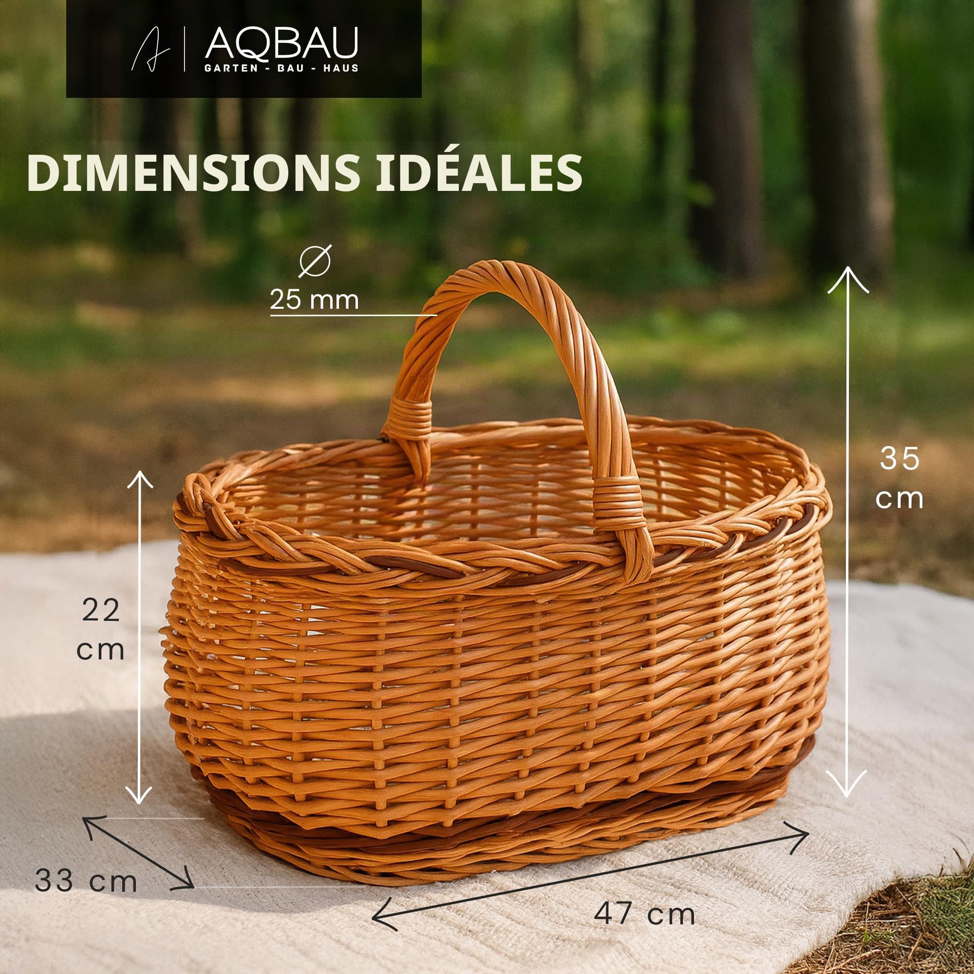 Grand panier en osier avec anse 47 x 35 x 33 cm, tressé pour provisions, pique-nique, champignons, modèle naturel, corbeille rustique