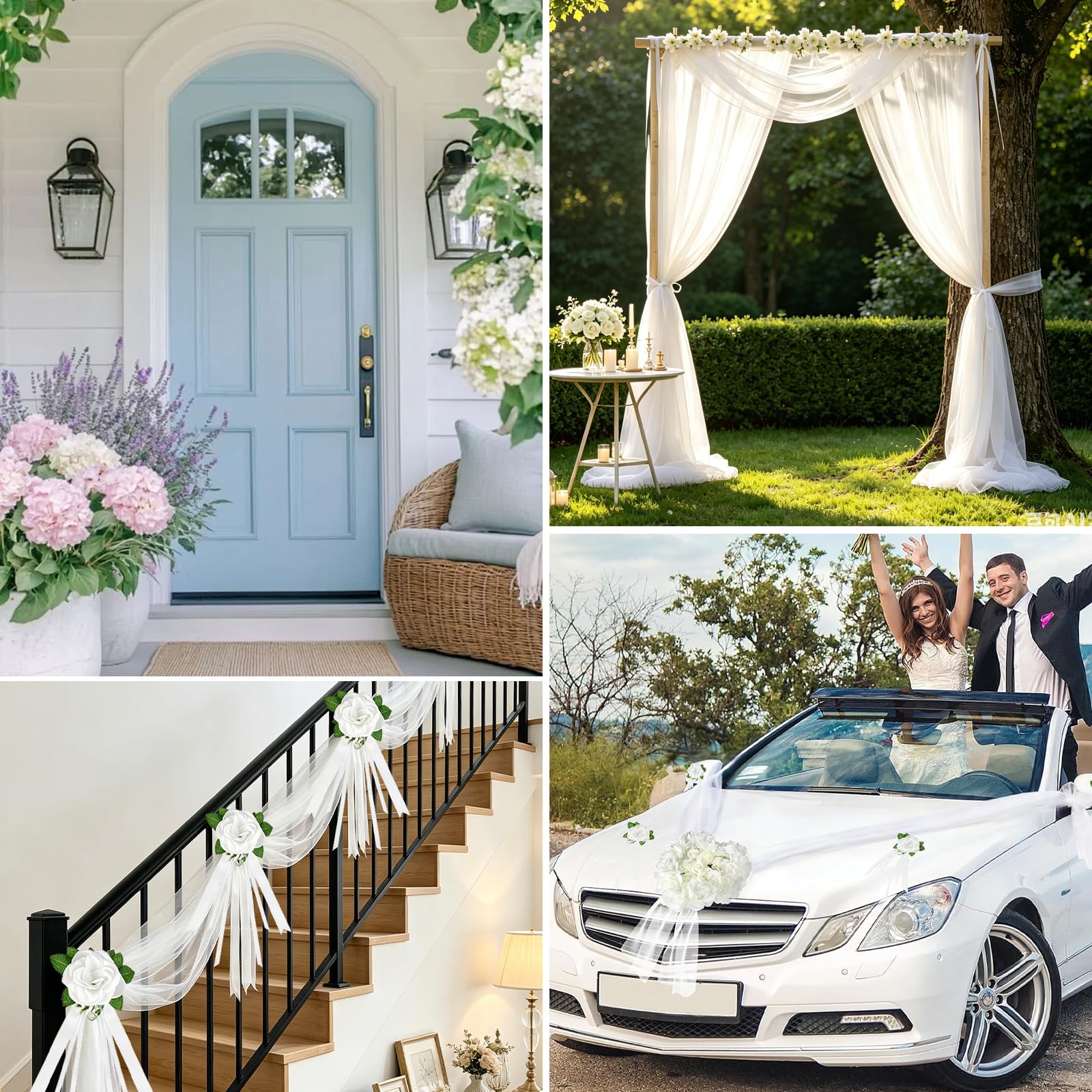 Décoration de Voiture Blanche pour Mariage, Cœur Decoration Voiture Mariage avec 1 Guirlande de Cœurs, 8 Fleurs, 2 Bandes de Tulle (1,8m), Décoration de véhicule pour Mariage et fête