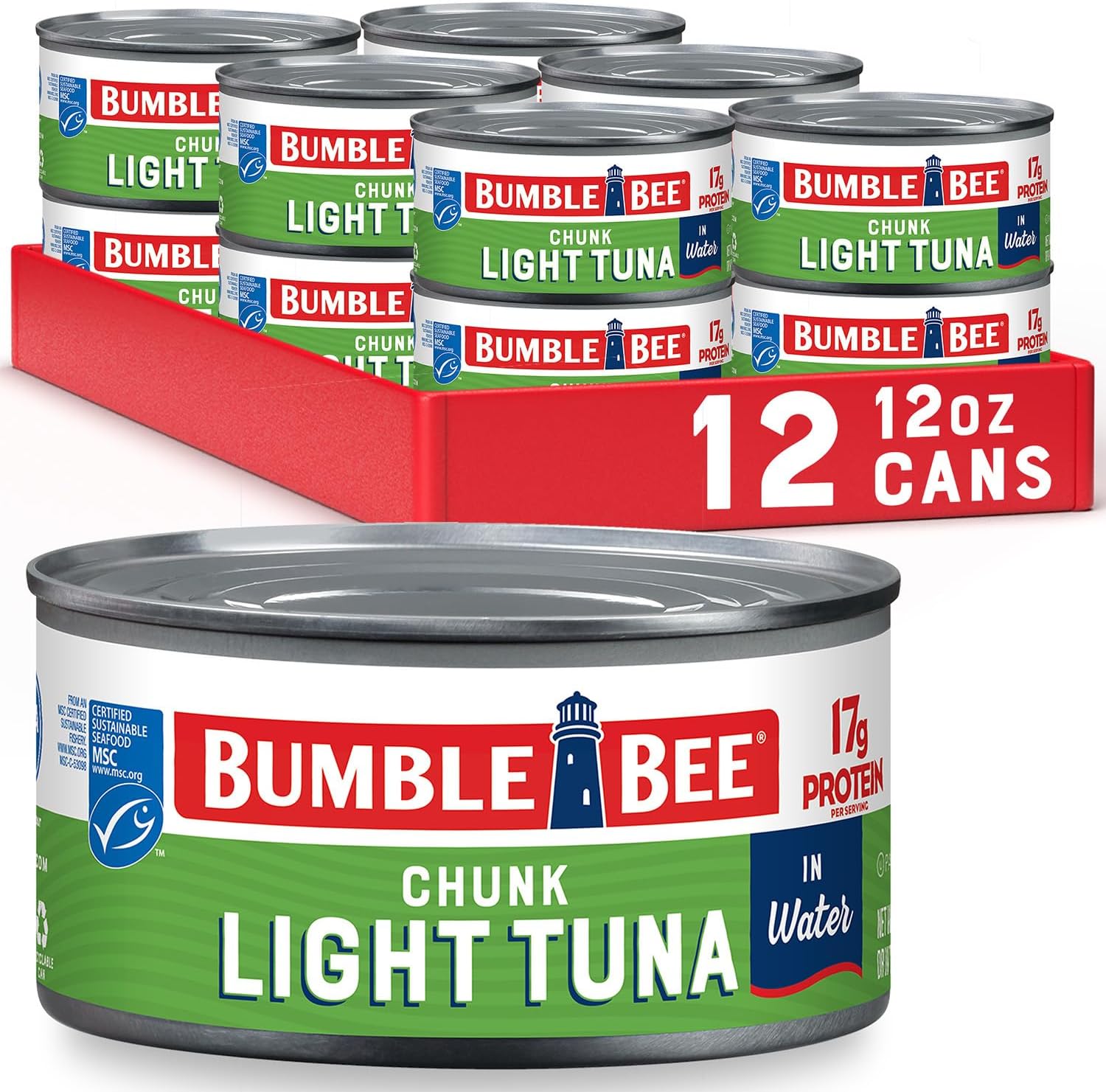 Chunk Light Tuna In Water, 12 oz Can (Pack of 12) - Wild Caught Skipjack Tuna - 17g Protein Per Serving - MSC Certified Sustainable Seafood, Non-GMO, Gluten Free, Kosher