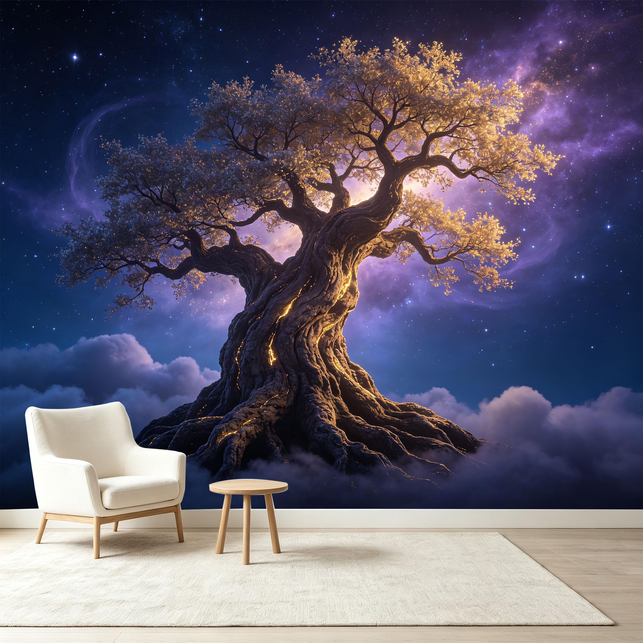 Custom Size Wall Murals Cosmic Ancient Tree Nebula Energy Starry Sky Self-Adhesive Wall Fabric Removable Wallpaper Wall Decor for Living Room Bedroom Bathroom