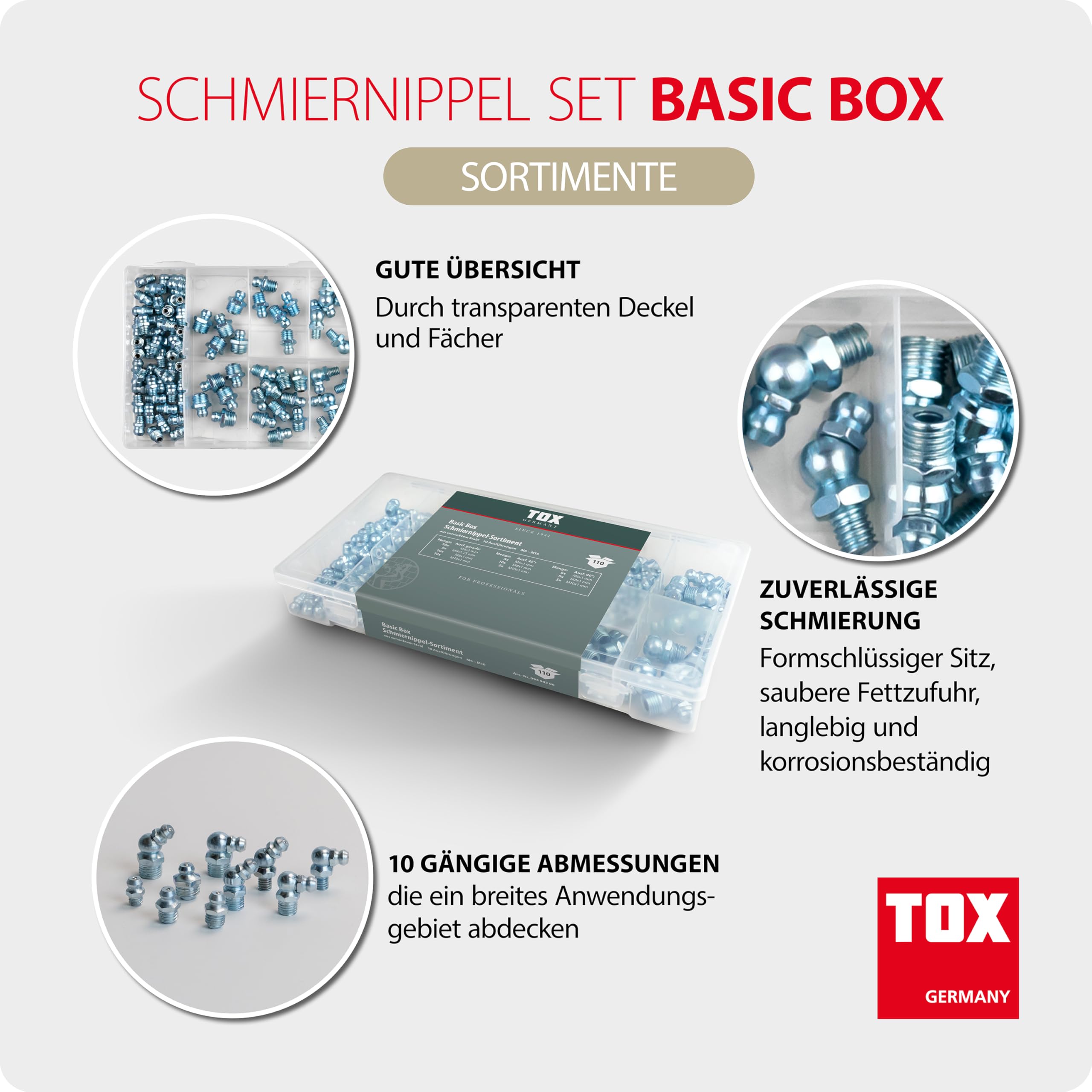 TOX Set mit Schmiernippel-Sortiment (110-tlg.) + Cuttermesser mit 2 Ersatzklingen, Schmiernippel in Transportbox und 10 gängigen Größen M6, M8 und M10, als A-, B- und C-Ausführung, 094909158