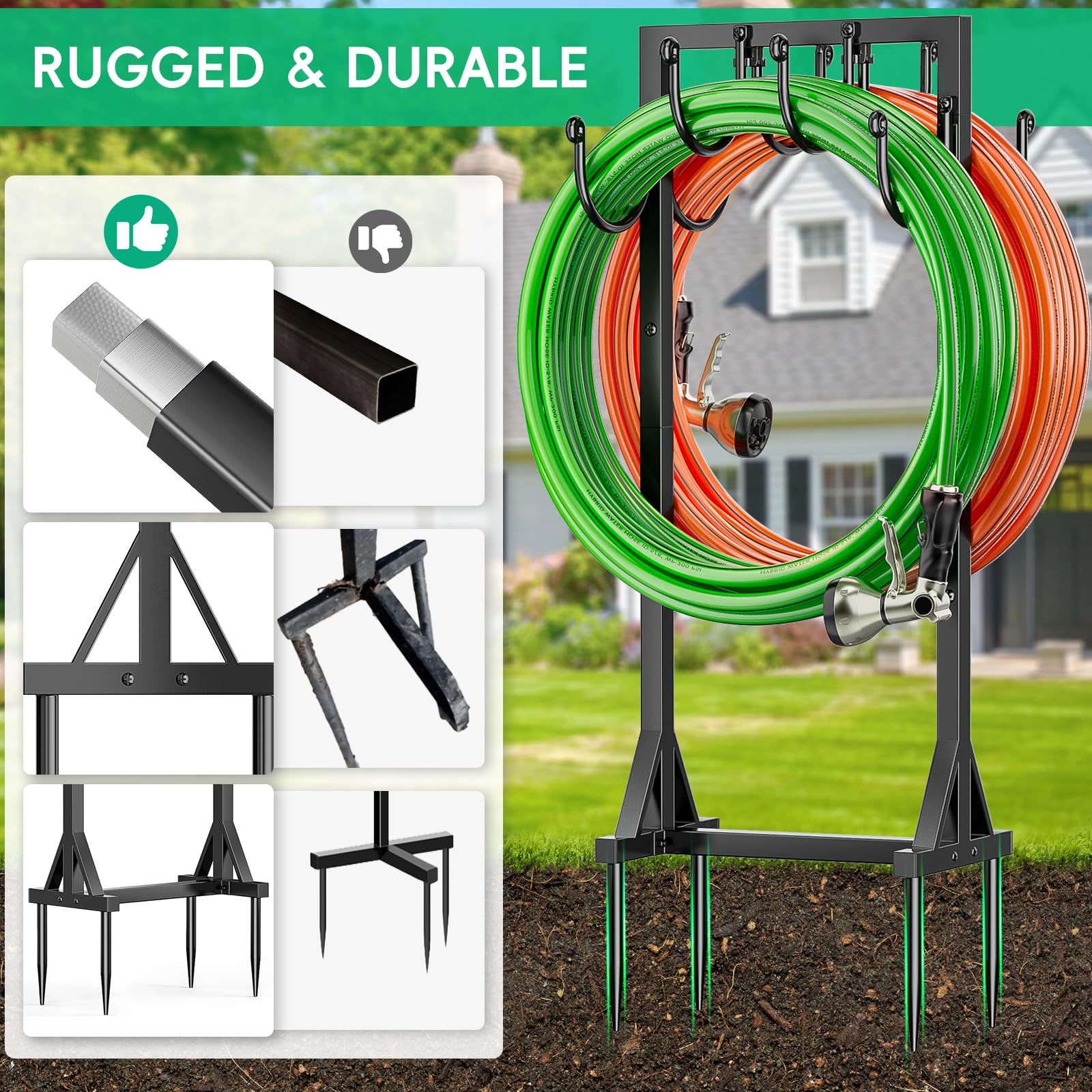 Bomclap Support de tuyau d'arrosage, 116 cm, double face, autoportant, pour jardin, support de tuyau d'arrosage, amovible, en métal, avec crochet, robuste
