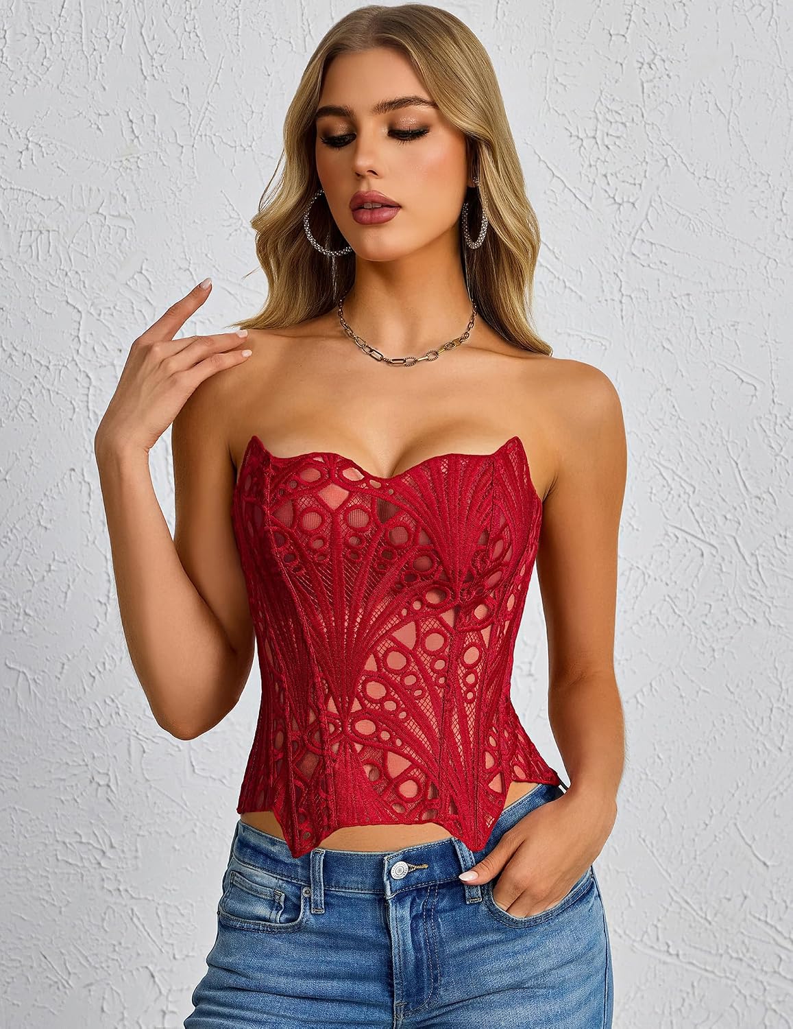 Women Red Corset Top Bustiers Lingerie Lace-Up Sexy Going Out Outfits Y2k