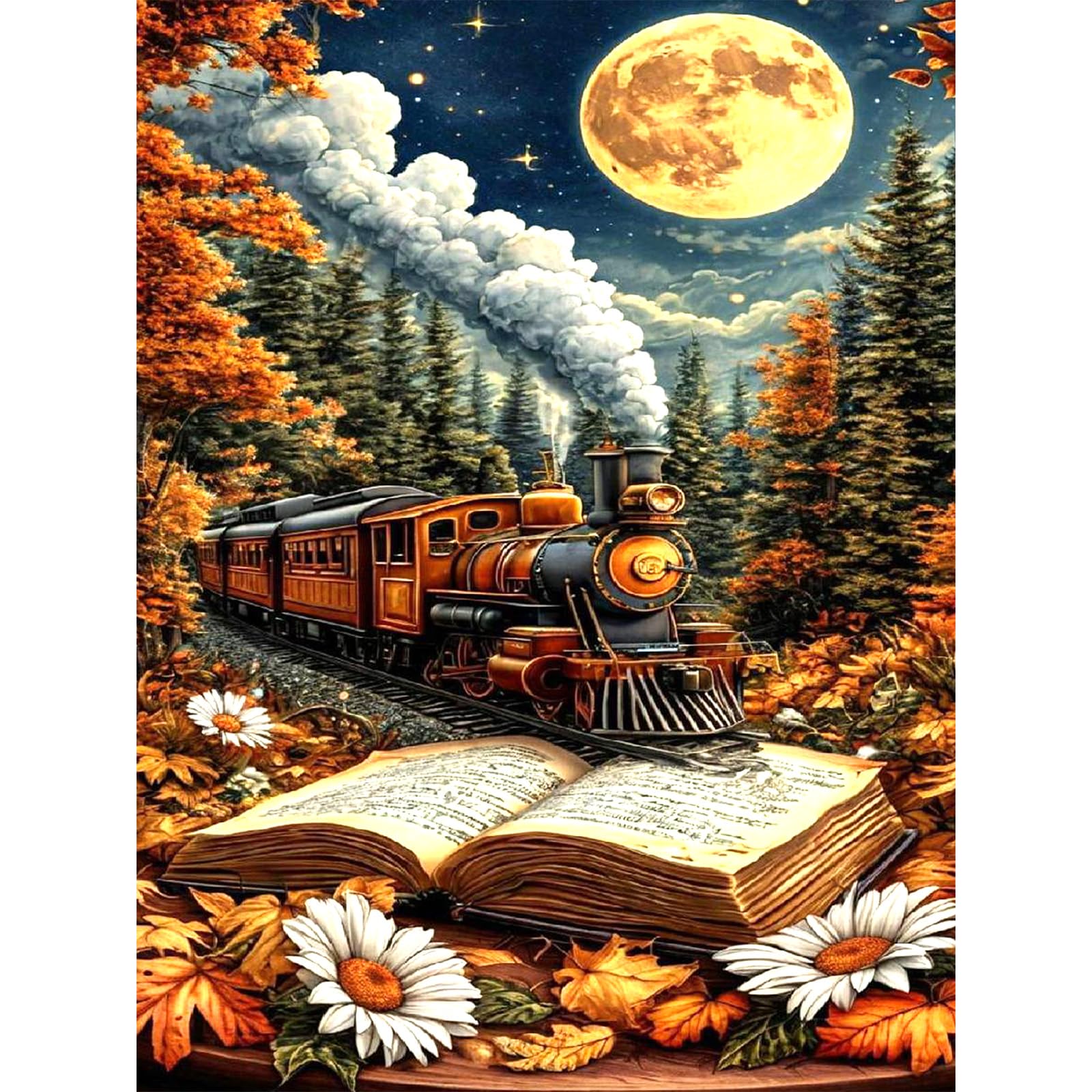 Bowetile Framed Train Paint by Numbers for Adults Canvas, Autumn Landscape Painting by Numbers Kit for Beginners Canvas, DIY Color Oil Painting Acrylic Paints for Home Wall Decor30x40cm