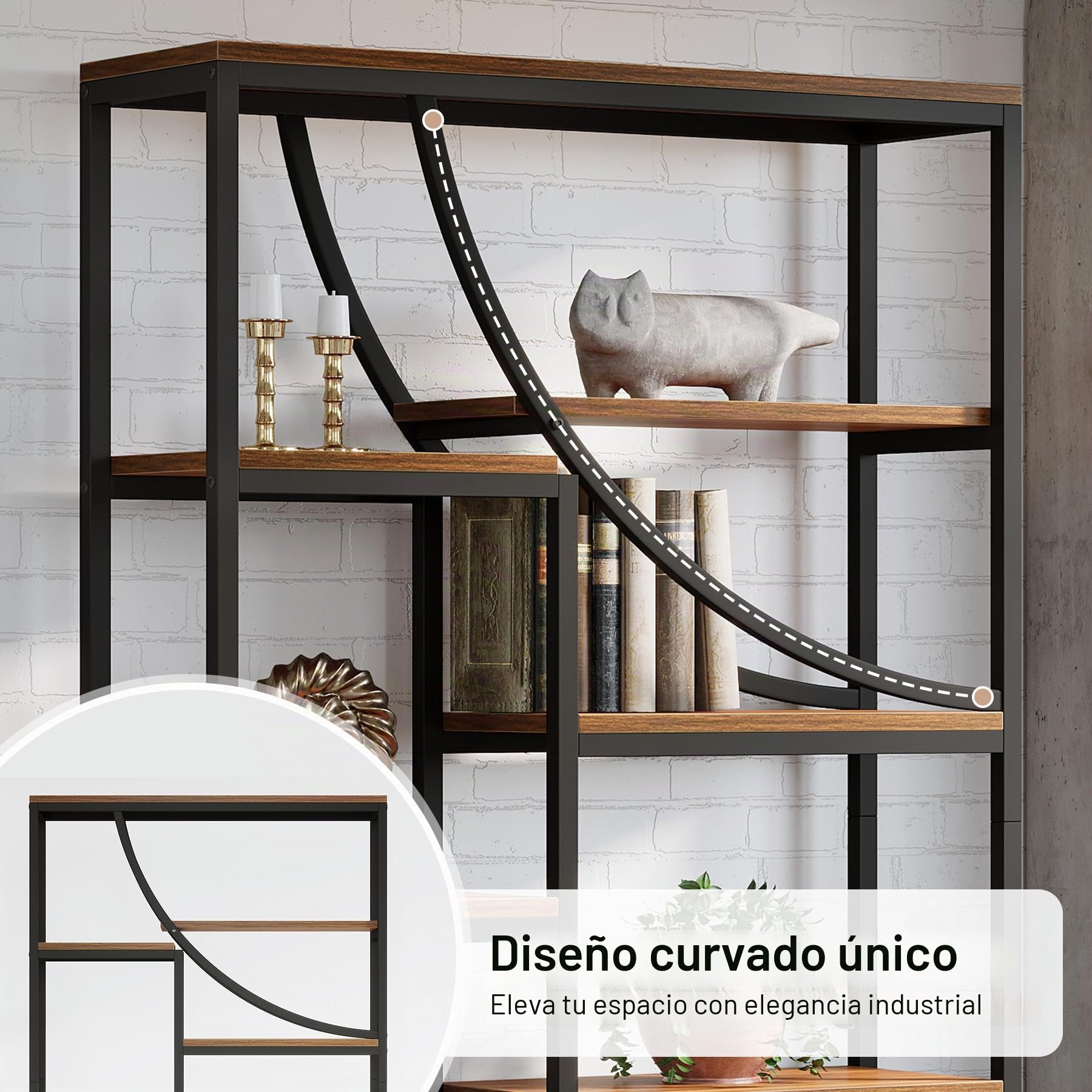 Tribesigns Estantería Alta 180 cm, Industrial Librería de 9 Niveles, Estanterías Geométricas Grandes con Balda Abierta, Estante Expositor Libre de Madera y Metal para Sala de Estar, Marrón y Negro