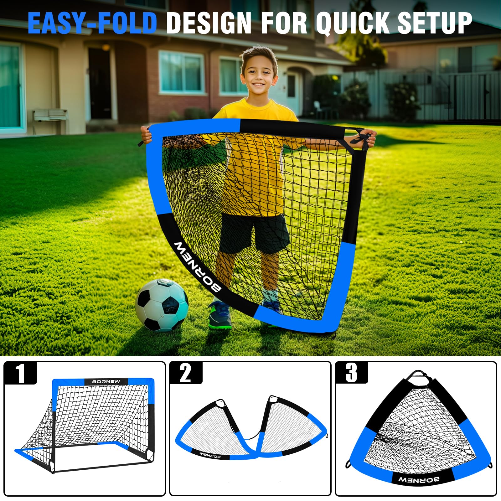 BORNEW Paquete de 2 porterías de fútbol para patio trasero e interior para niños, 7 x 5, 6 x 4, 4 x 3 pies, redes de fútbol portátiles para jóvenes y adultos, juegos al aire libre, equipo de