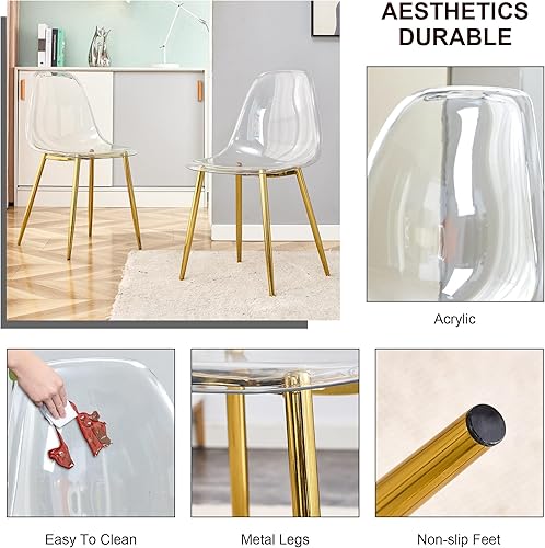 Vista 6 de Juego de mesa de comedor y sillas de cristal redondo dorado para 4, 40 '' comedor, sillas de acrílico transparente Dorado,plateado