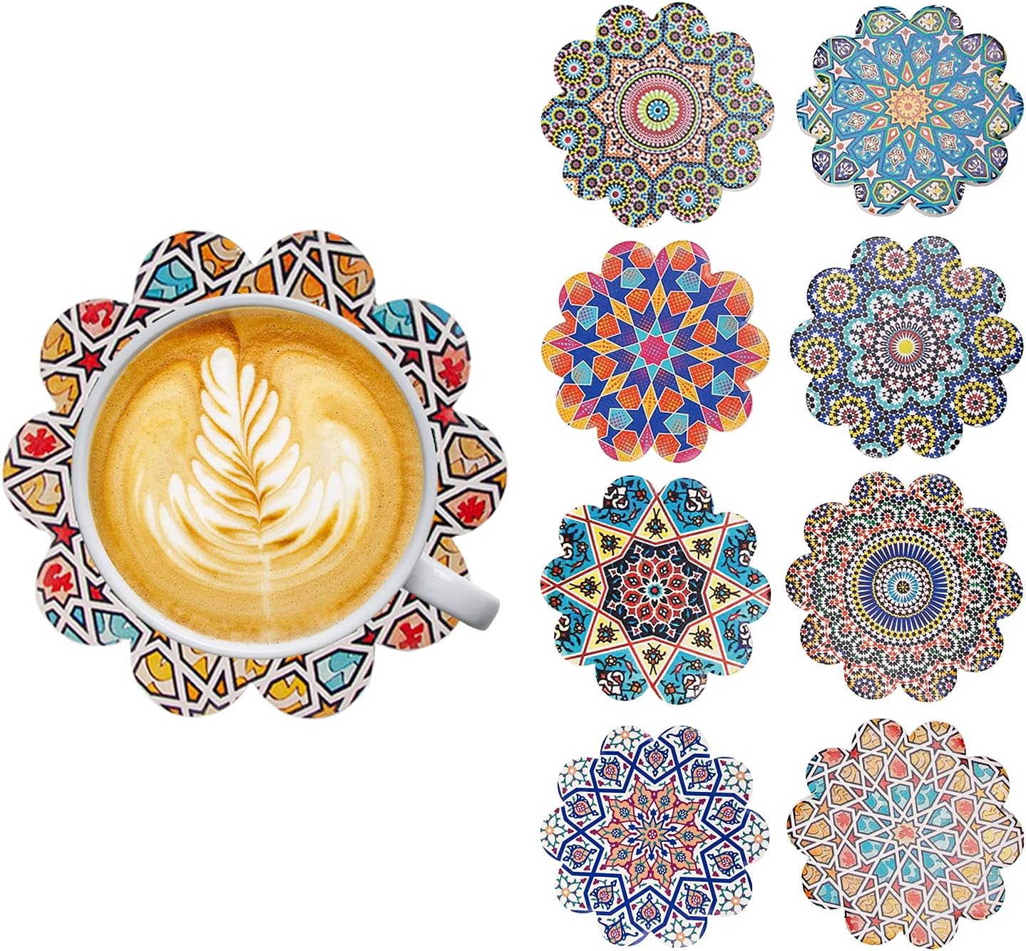 Ceramic Coasters for Drinks,8 Colorful Designs with Black Holder, Mandala Print Design. Absorbent with Cork Backing