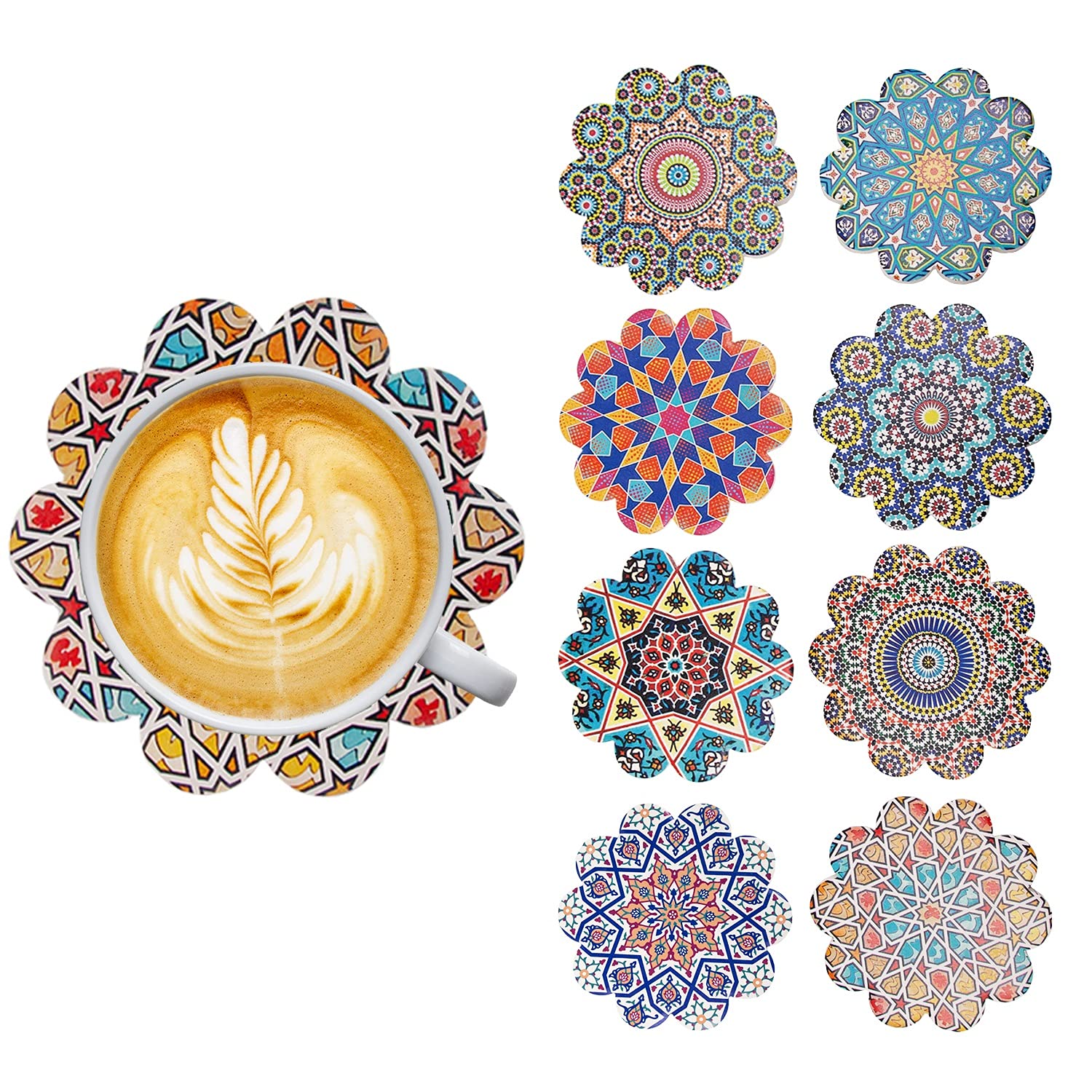 Ceramic Coasters for Drinks,8 Colorful Designs with Black Holder, Mandala Print Design. Absorbent with Cork Backing